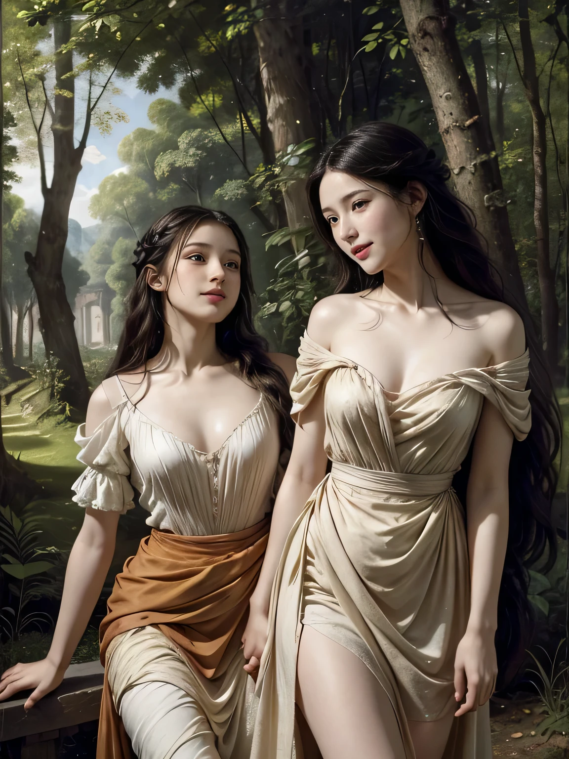 Giorgione painting style,Barbizon forest A beautiful woman in Greek dress smiles on the shore,Sweet and seductive appearance.、Caravaggio's paintings、Chiaroscuro of Caravaggio、hair tousled by the wind,Two women frolicking,cute smile, expression of ecstasy,Sexy,erotic, full body portrait