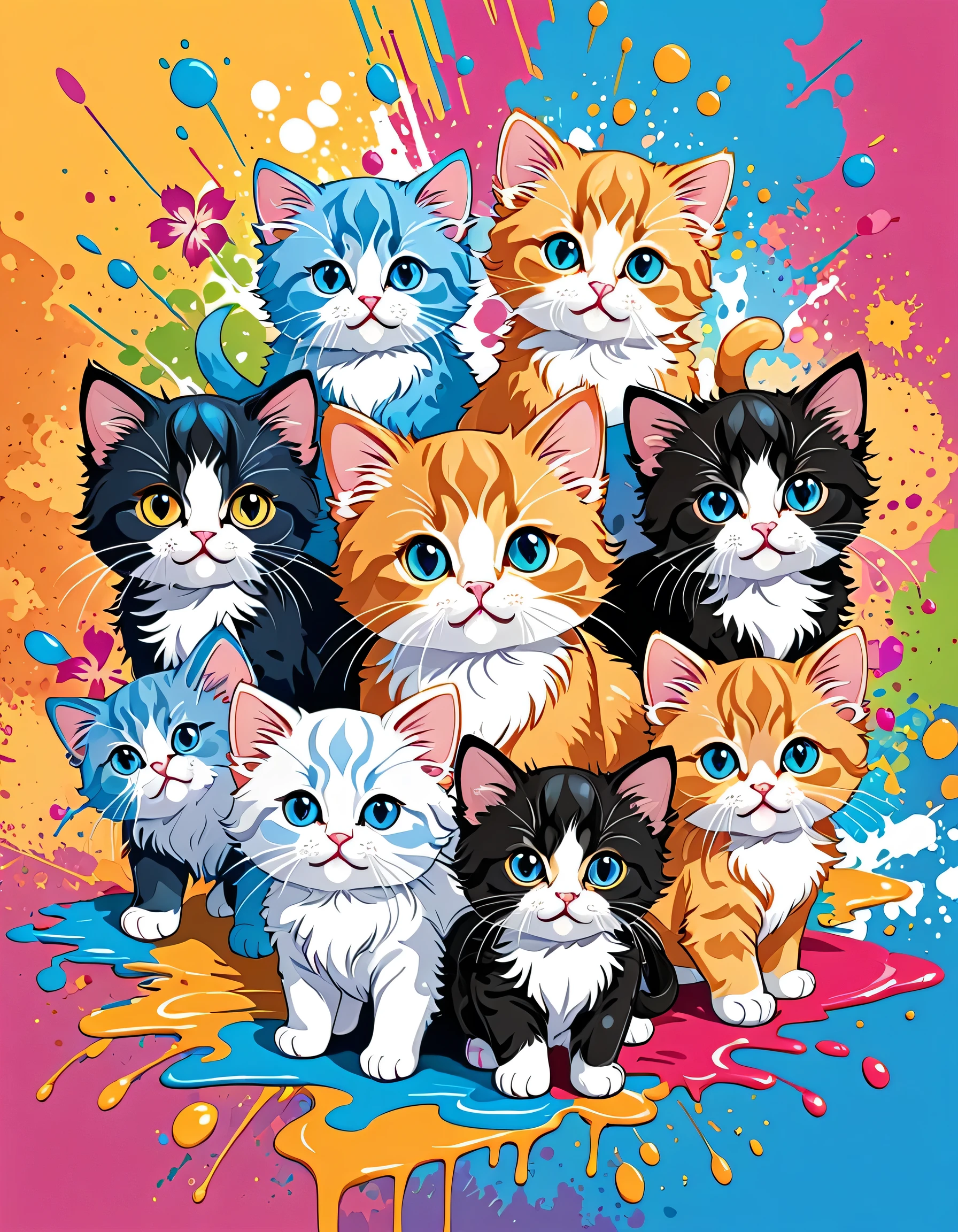 Vector Art, Colorful illustration with lots of cute Persian kittens, In the center, Vibrant colors, Paint splatters and stains, High Detail,Hawaiian style background