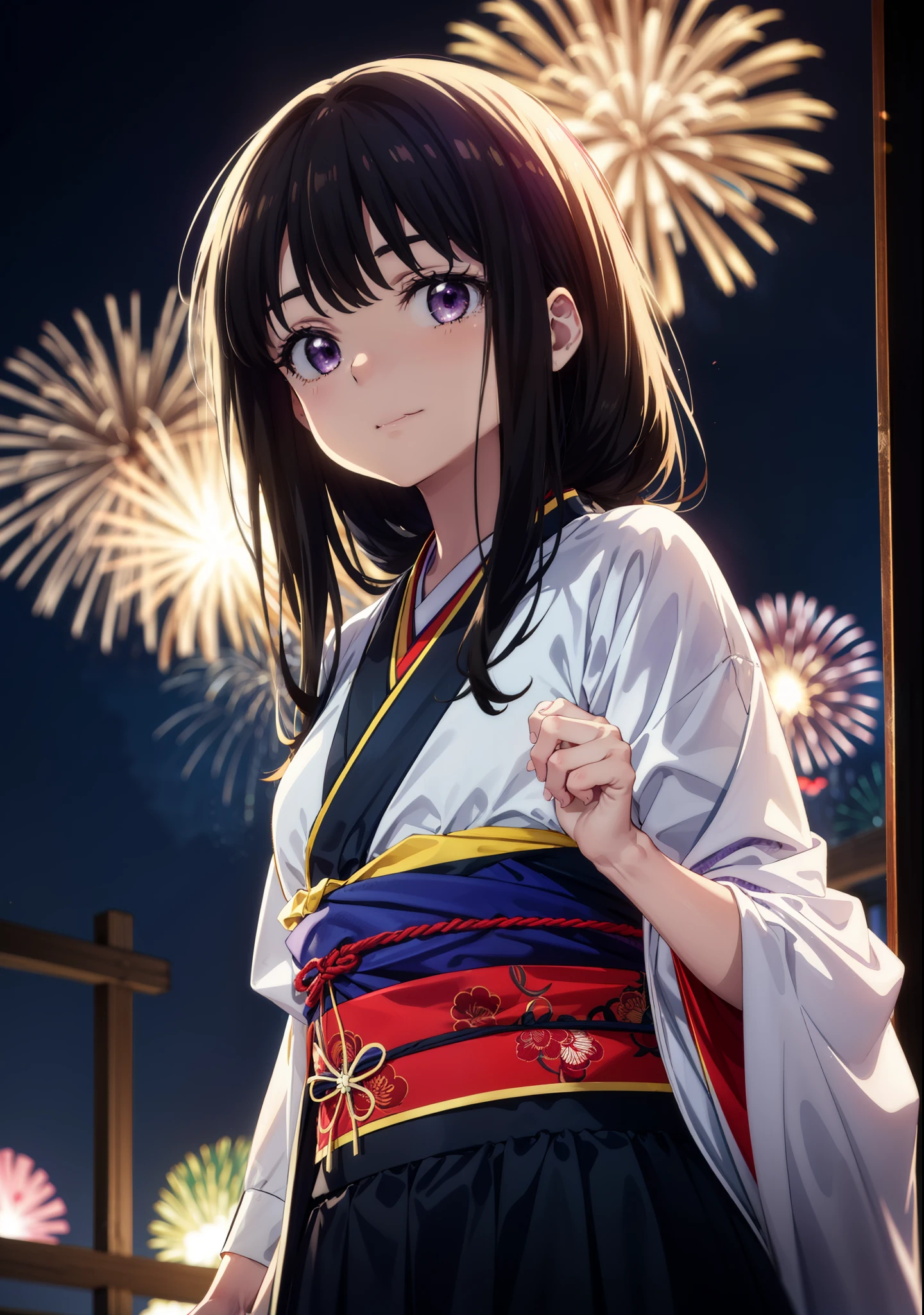 Takiuchi, Check it out,One Girl, Long Hair, bangs, Black Hair, (Purple eyes:1.2),Flower Hair Ornaments,hair tied back,smile,blush,Embarrassing,Blue kimono,Blue long skirt,Sandals,日本のfestival，夏festivalの屋台、Red Lantern,Fireworks in the night sky,The place is a fireworks display,Time is night,whole bodyがイラストに入るように,Looking up from below、Walking,
break outdoors, festival,shrine,
break looking at viewer, whole body,Upper Body,  (Cowboy Shot:1. 5)
break (masterpiece:1.2), highest quality, High resolution, unity 8k wallpaper, (shape:0.8), (Beautiful details:1.6), Highly detailed face, Perfect lighting, Extremely detailed CG, (Perfect hands, Perfect Anatomy),