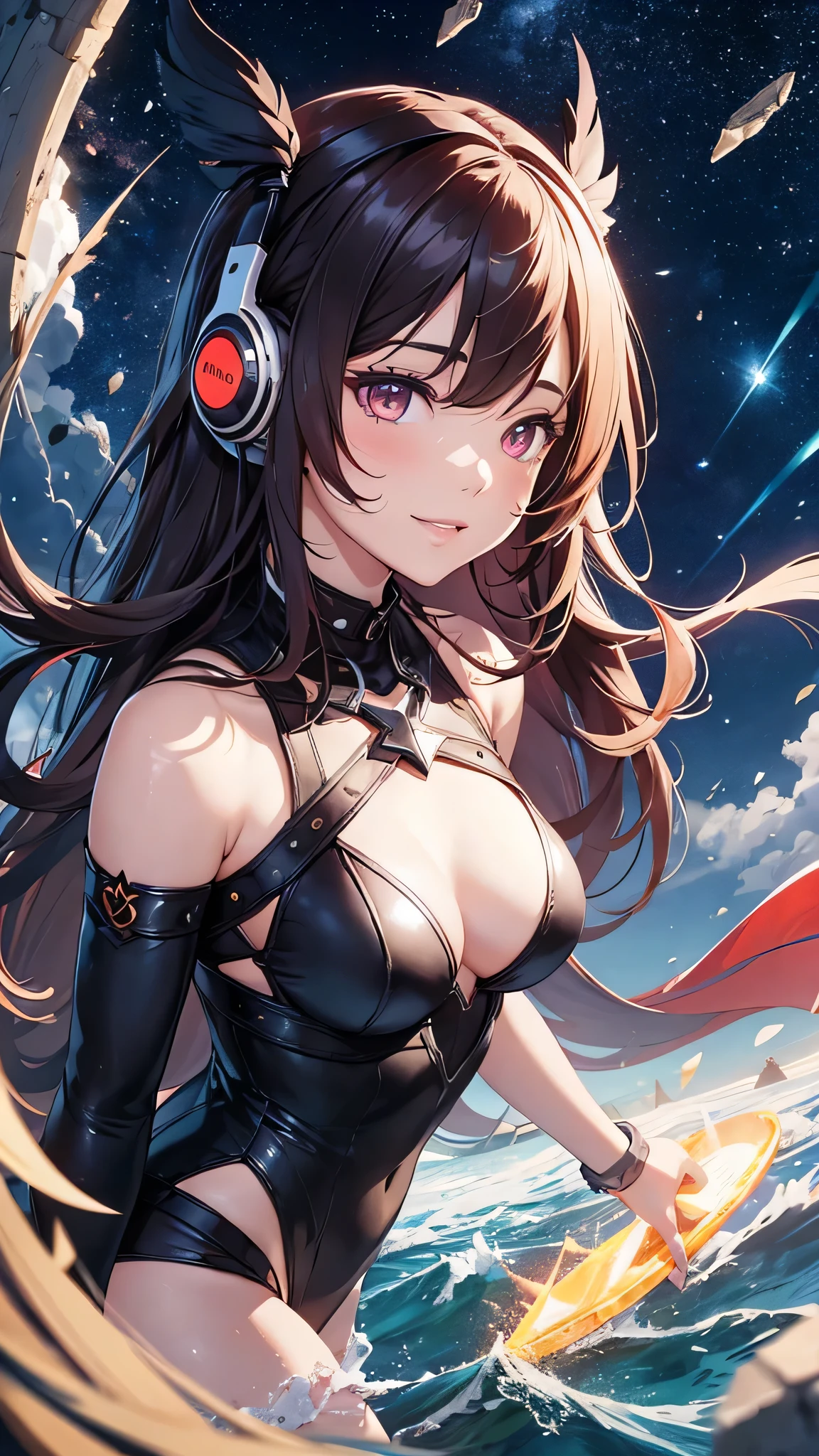 Highest quality、Highest quality、Masterpiece、girl((20-year-old、as soon as、Highest Bust、Medium Bust、Wide open chest、Red glowing eyes、Black Ear、Red Mesh、Disheveled Hair、Loincloth、thin、The best valley、Open chest、hair ornaments、Full body view、Completely naked、Random Pause、smile、Headphones embarrassed face))、high quality、Beautiful Art、background((Collapsing Ground、no gravity、Floating Object、shooting star、universe、comet))、Depth((Earth))、flight、Flying Debris、Depth of text、movie、Visual Arts、Perfect Art、8K、Genuine、Special Angles