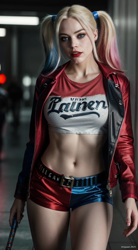 (8K, RAW photo, Best quality, Masterpiece:1.2), Ultra detailed, offcial art, full body shot of, photo-realistic:1.37, , The can be seen through the shirt by exposing the cleavage, DC Harley Quinn, filmgrain, Dynamic pose, Bigchest, The camera focuses on her chest