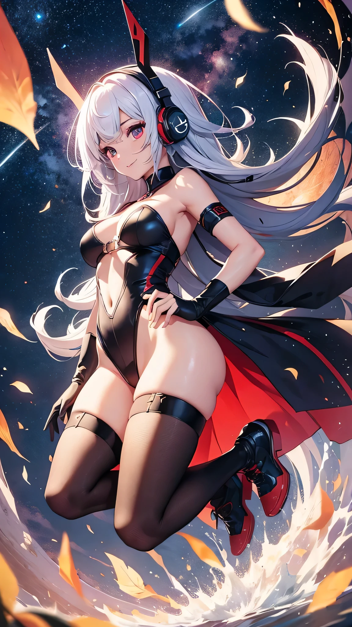 Highest quality、Highest quality、Masterpiece、girl((20-year-old、as soon as、Highest Bust、Medium Bust、Wide open chest、Red glowing eyes、Black Ear、Red Mesh、Disheveled Hair、Loincloth、thin、The best valley、Open chest、hair ornaments、Full body view、Completely naked、Random Pause、smile、Headphones embarrassed face))、high quality、Beautiful Art、background((Collapsing Ground、no gravity、Floating Object、shooting star、universe、comet))、Depth((Earth))、flight、Flying Debris、Depth of text、movie、Visual Arts、Perfect Art、8K、Genuine、Special Angles