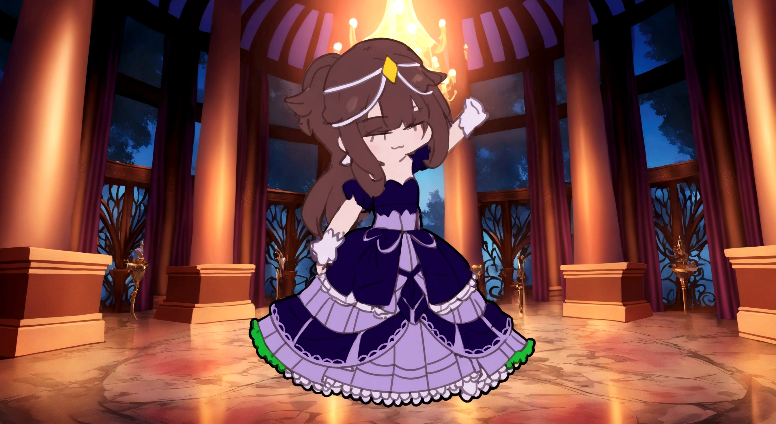 a close up of a cartoon girl in a dress in a room, in a fancy elaborate dress,  in dress, in style of cytus and deemo, ((wearing aristocrat robe)), doing an elegant pose over you, rei hino as a princess, princess of amethyst, an elegant gothic princess, royal elegant pose, cute anime waifu in a nice dress