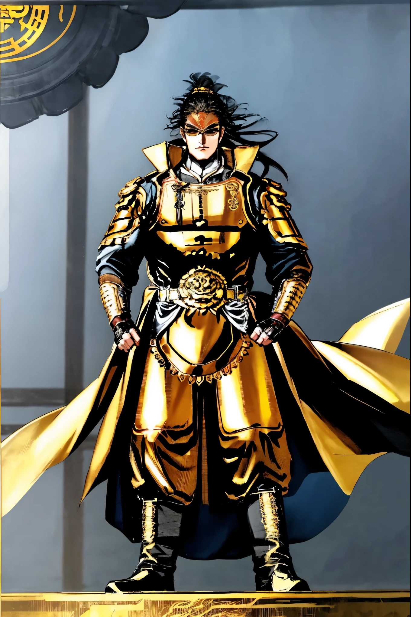 1boy, male focus, solo, trench coat, boots, gloves, fingerless gloves, sunglasses, black hair, belt, coat, long hair, pants，Golden Qing Dynasty Eight Banners Armor，Chinese Armour ，Golden Qing Dynasty Eight Banners Armor，Chinese Armour ，Golden Qing Dynasty Eight Banners Armor，Chinese Armour ，Golden Qing Dynasty Eight Banners Armor，Chinese Armour ，Golden Qing Dynasty Eight Banners Armor，Chinese Armour ，Golden Qing Dynasty Eight Banners Armor，Chinese Armour