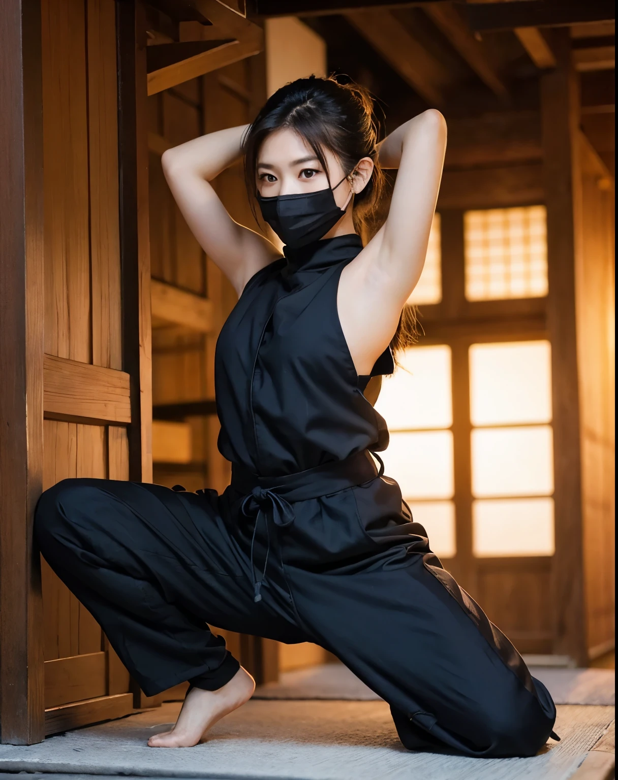 Beautiful young, Barefoot female ninja, He is wearing typical ninja clothing with a ninja mask., Ninja pose in a typical Japanese setting