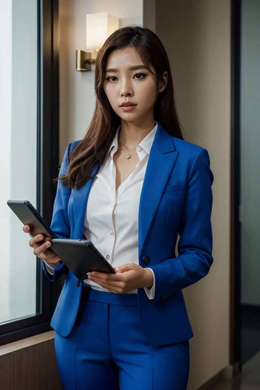 Woman in a suit using a tablet in a room, laboral, sun yunjoo, still from a live action movie, Park Shin Hye as a super villain, dispositivo completo, using a magic tablet, iu lee ji-eun como supervillano, pose de perfil, [ foto realista ]!!, shin min jeong, negocio serio, Perezoso, aspecto elegante