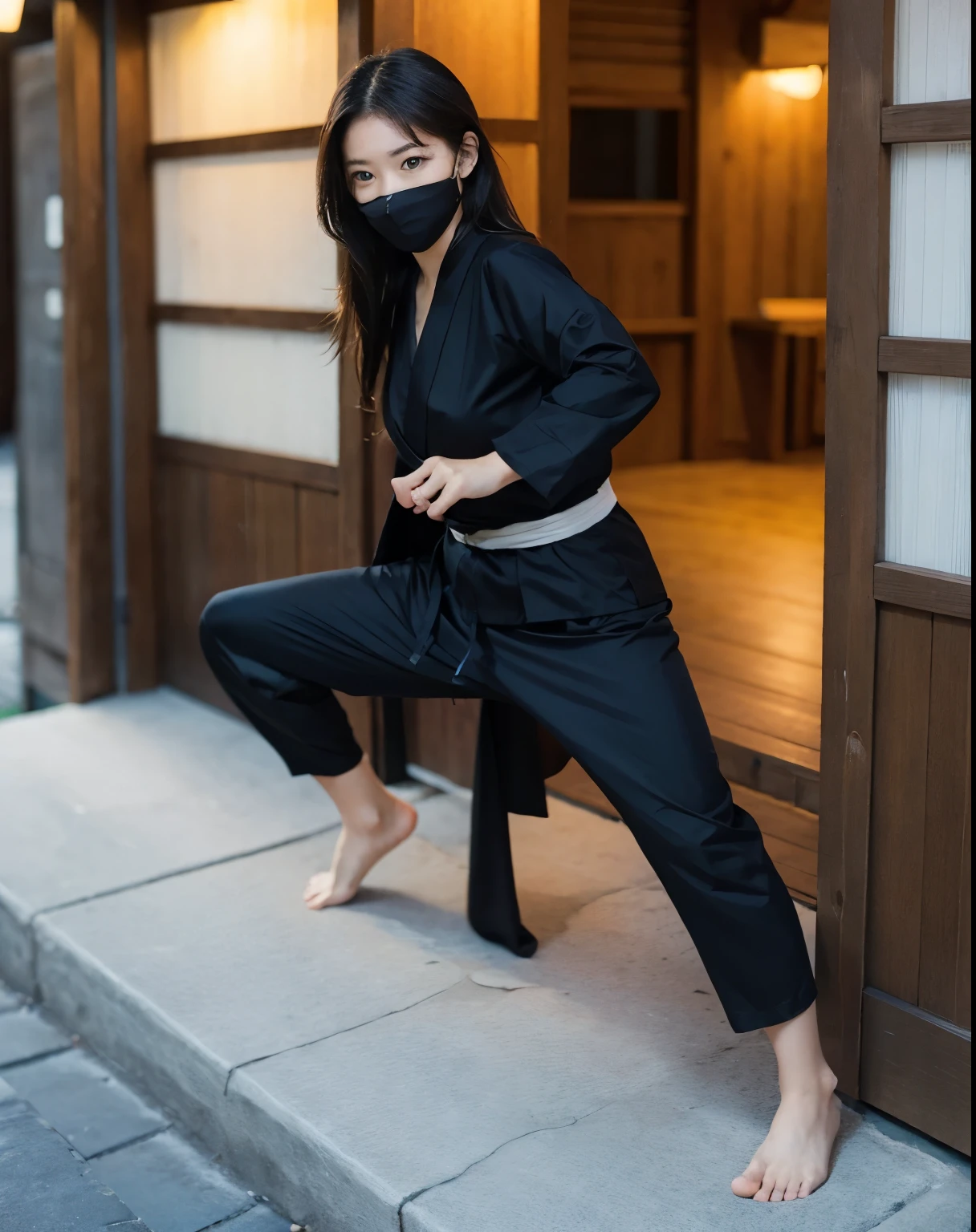 Beautiful young, Barefoot female ninja, He is wearing typical ninja clothing with a ninja mask., Ninja pose in a typical Japanese setting