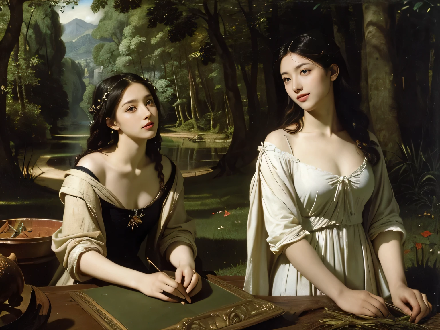 Giorgione painting style,Barbizon forest A beautiful woman in Greek dress smiles on the shore,Sweet and seductive appearance.、Caravaggio's paintings、Chiaroscuro of Caravaggio、hair tousled by the wind,Two women frolicking,cute smile, expression of ecstasy,Sexy,erotic, full body portrait