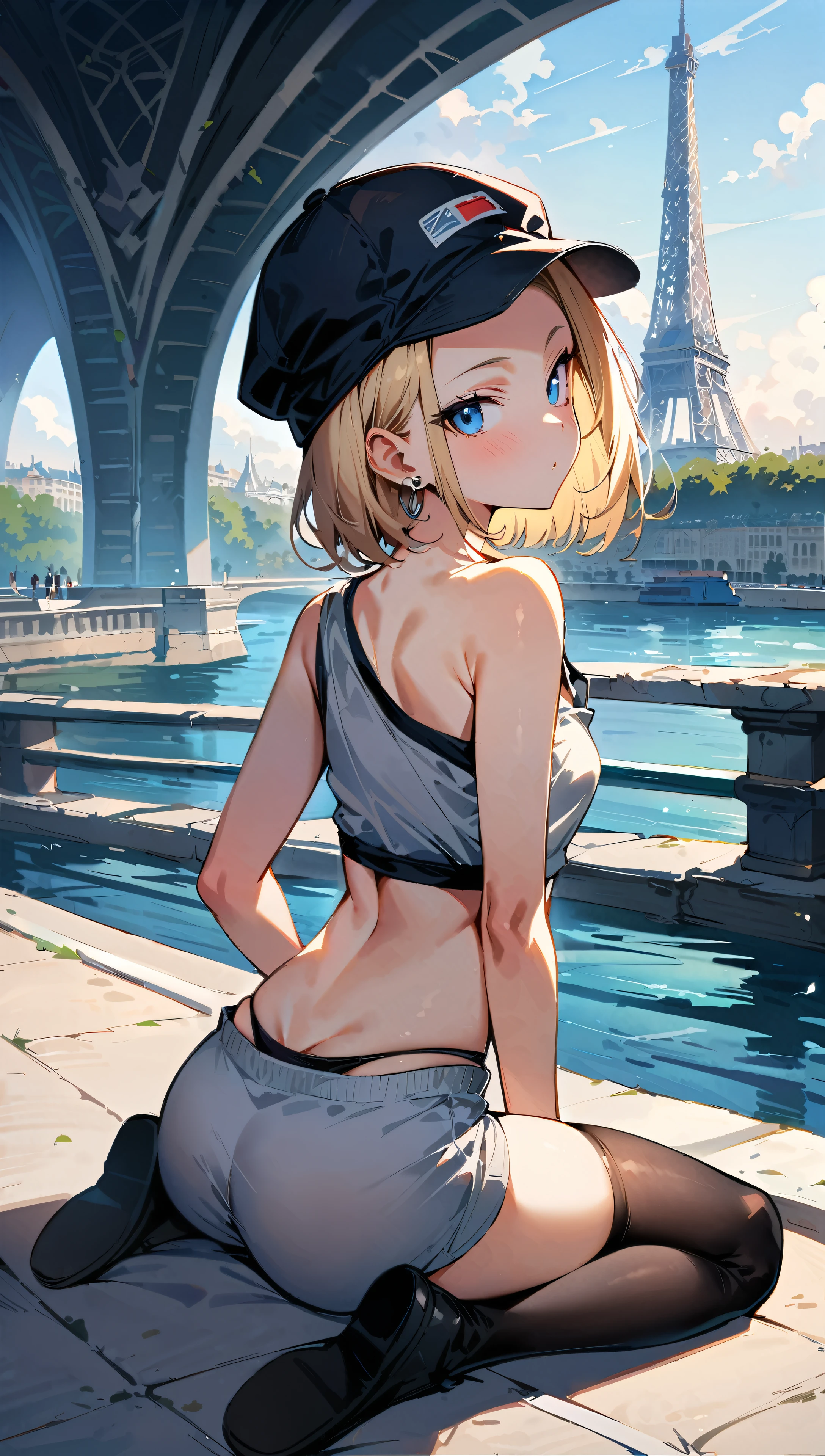 (masterpiece, best quality:1.2), from behind, solo, Android 18 from Dragon Ball, ((slip-on one-shoulder crop top)), (light gray top:1.2), (gray sport shorts), strings of thong underwear slightly visible, (wearing glasses), small breasts, short blonde hair loose, (blue eyes), earrings on earlobes, ((plane black cap)), black thighhighs, black loafers, head tilt, light blush, (wariza1:2), looking back, arm between legs, slender feminine figure, narrow waistline, skinny body, no jacket, no logo, backless crop top, the Eiffel Tower, the Seine, riverside, natural lighting and shadows, magnificent view, blur background, 4K