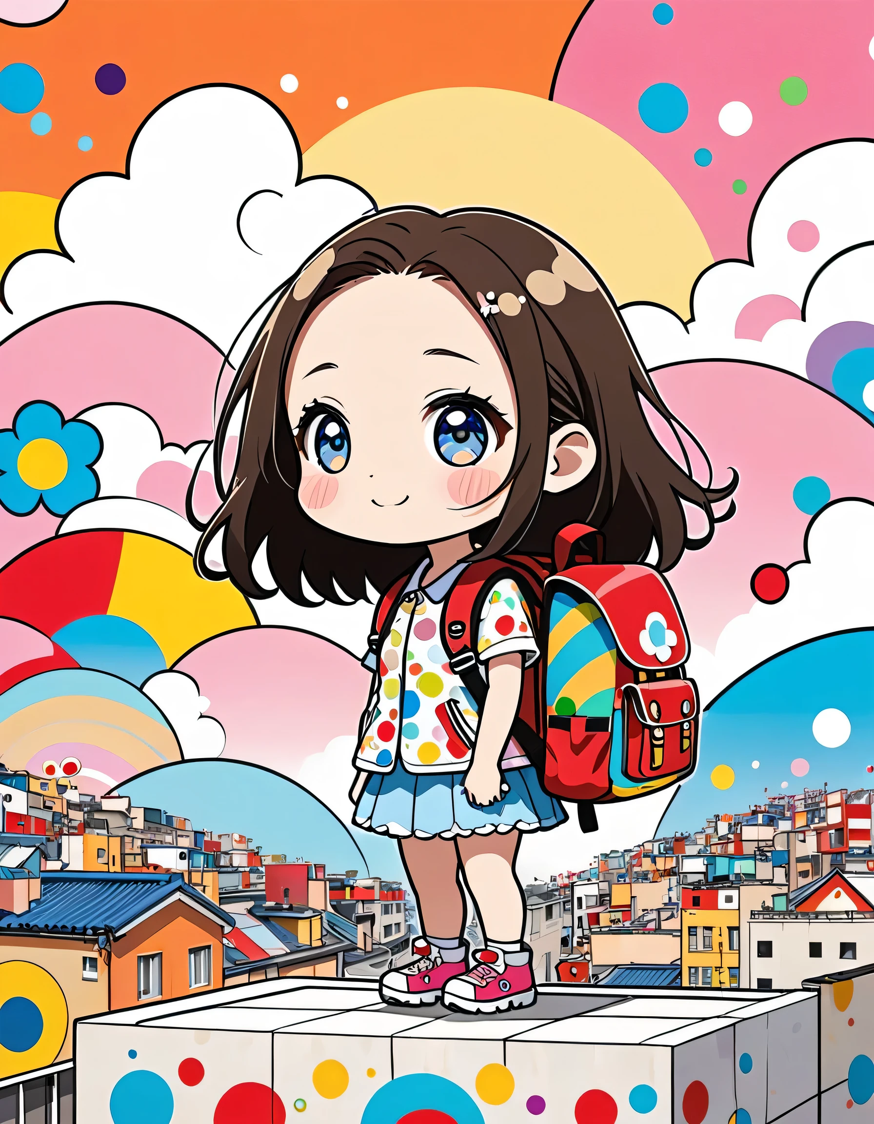 Takashi Murakami style, Standing in front of a high wall,Girl with backpack on rooftop,My backpack is full of happy spring,Simple Line Initialism,Abstract art,Urban Background, (((The most beautiful girl))), (((chibi)))
