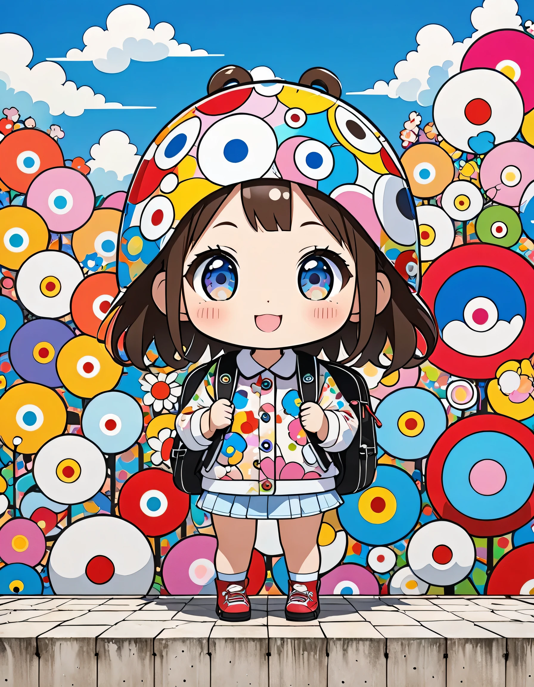 Takashi Murakami style, Standing in front of a high wall,Girl with backpack on rooftop,My backpack is full of happy spring,Simple Line Initialism,Abstract art,Urban Background, (((The most beautiful girl))), (((chibi)))