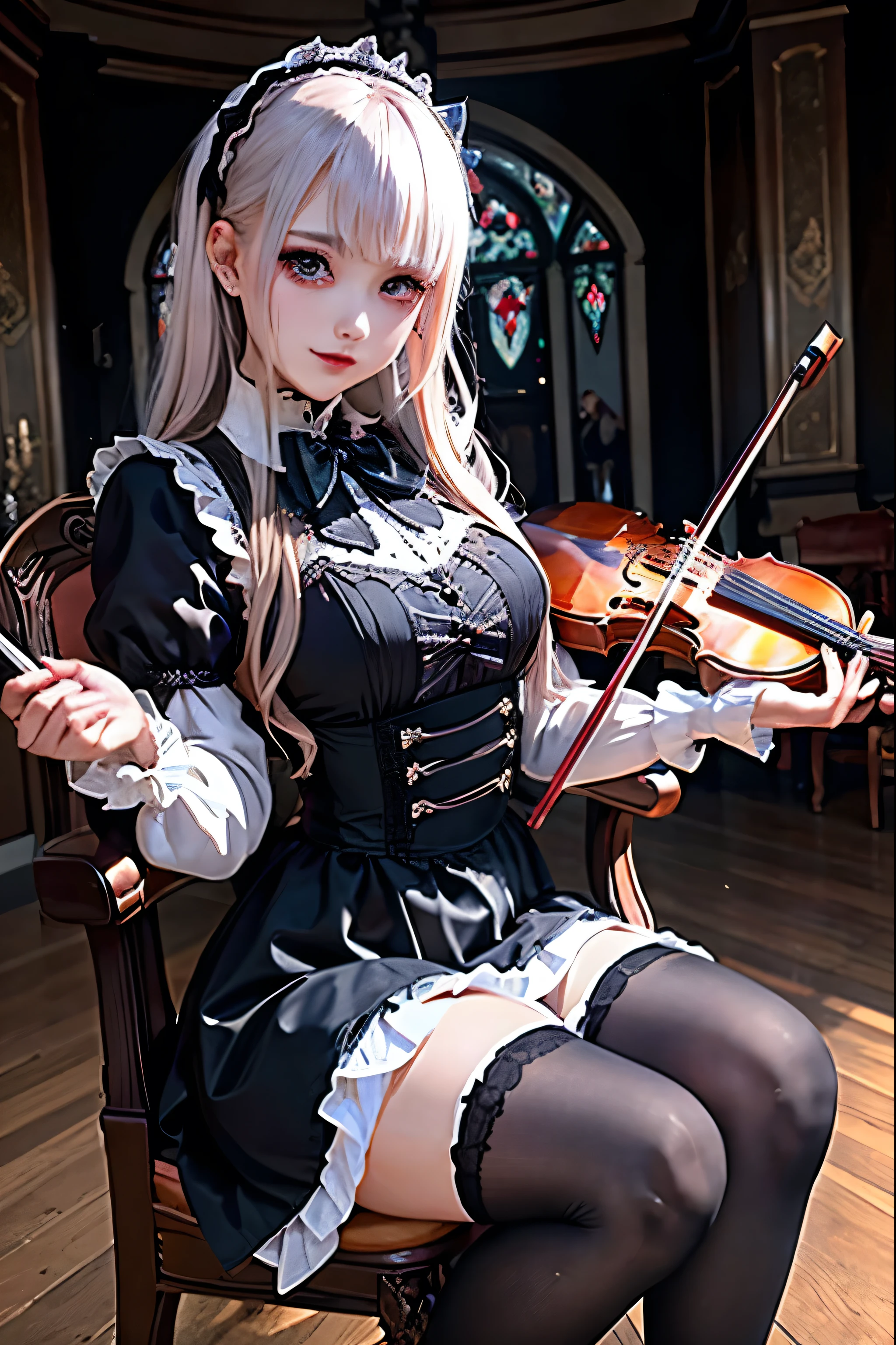 Hard Dark Gothic Makeup、Deep Night Sky、Horror、Black dark eyeshadow、sad、Good skin radiance、Dark Gothicメイク、Dark smile、palace、24-years-old、Embarrassed look、Dark Gothic、Obscene language、highest quality、Drunk face、紫のMaid clothes、Mysterious、Noble、sexy、Loving smile、Right blue eye, Left eye is red、Platform Heel Shoes、Heavy makeup、Gothic Lolita Clothing、Silver Hair、Long Hair Straight Hair、Cute Gothic Lolita Dress、Beautiful Face、elegant features、Fascinating face、Stained glass is the background、Chest glistening with sweat、The room is dark、gothic long dress、Bell Sleeves、Wizard Sleeve、Decadent look、Sexually excited expression、Glossy thighs wet with water、Thighs that are wet and shiny with oil、Background of a room full of roses、The embroidery is pink、The dress has pink embroidery、Thigh-high socks、Knee-high socks、Gentle expression、Dark black eyeshadow、Stained glass and rose background、Female Duo、Female couple、dark church background、Stained glass、Black metal world、Dark Castle、Slender body、gothic long dress、Maid clothes、Victorian dresses、Her thighs glisten with sweat、My body is wet and shiny、Lots of glitter on the thighy thighs are sticky from sweating、Sweat glistens on the thighs, The whole body is sweaty and shiny、Quite sweaty、My thighs are sweaty、My thighs are so wet、My thighs are shining with sweat、A lot of sweat glistens all over the body、Small breasts、Orchestra StageStage、Dynamic Angle、sitting on a gothic chair、Play the violin gracefully、With a violin、Press the violin strings、violinist、orchestra performance、Thin thighs、slender、Violin body and strings、Sit on a chair、pantyhose、