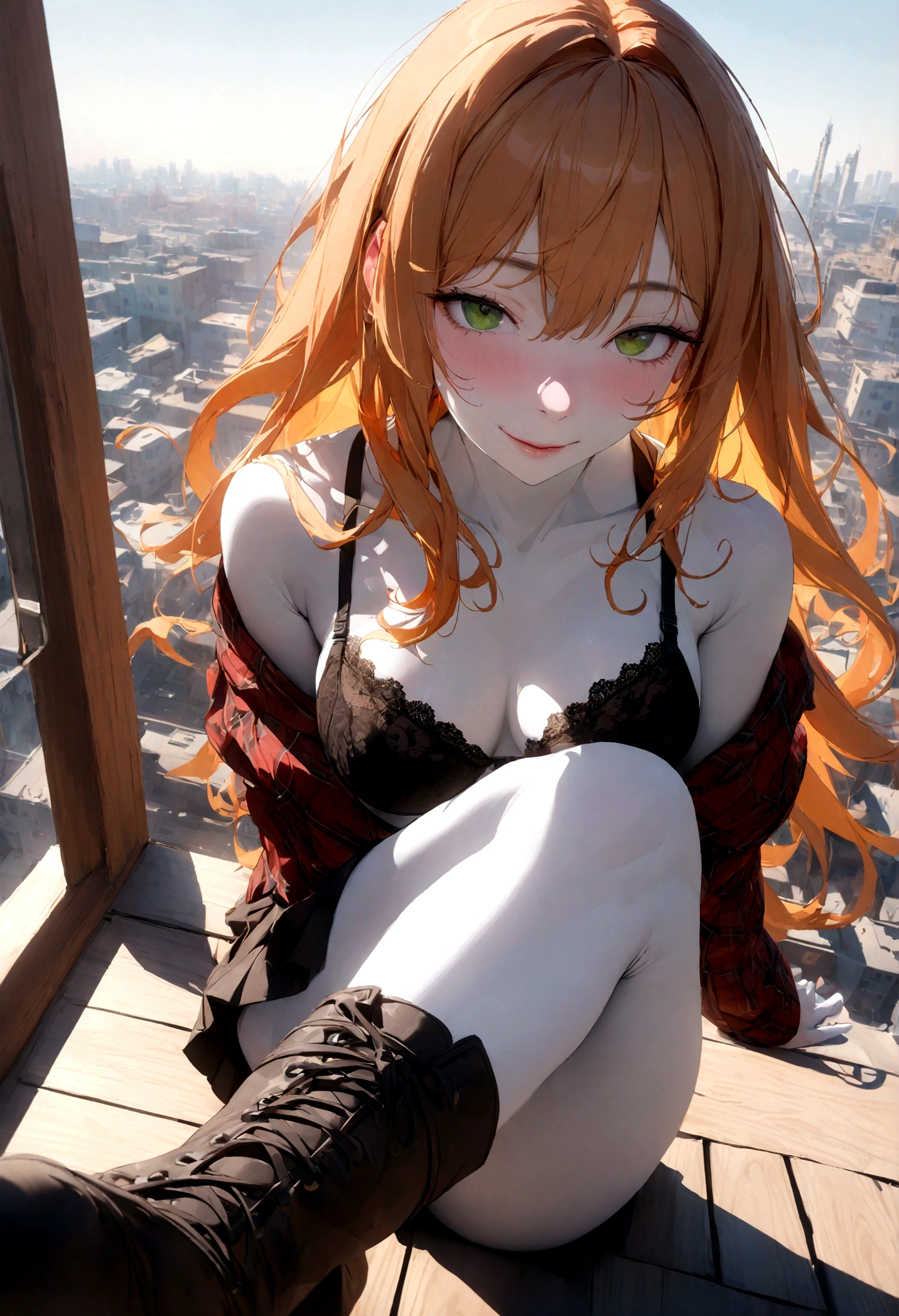 a very ???? young woman, athletic body, with very long orange hair, very white skin, bright green eyes, small nose, sitting on the roof of a tower, dressed in an open plaid blouse, a lace bra, a skirt of boards, stockings, industrial boots, ., naughty face, ray tracing, reflection light, Canon, Nikon, close-up, 16k, 8k, 4K, highres, best quality, award winning, high quality, high details, super detail, textured skin, anatomically correct, accurate, masterpiece