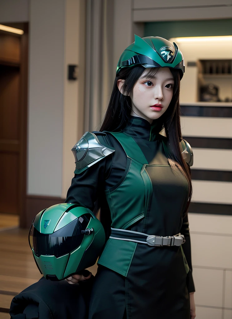 Armoured girl, realistic, long hair, lite green black robotics, full helmet,