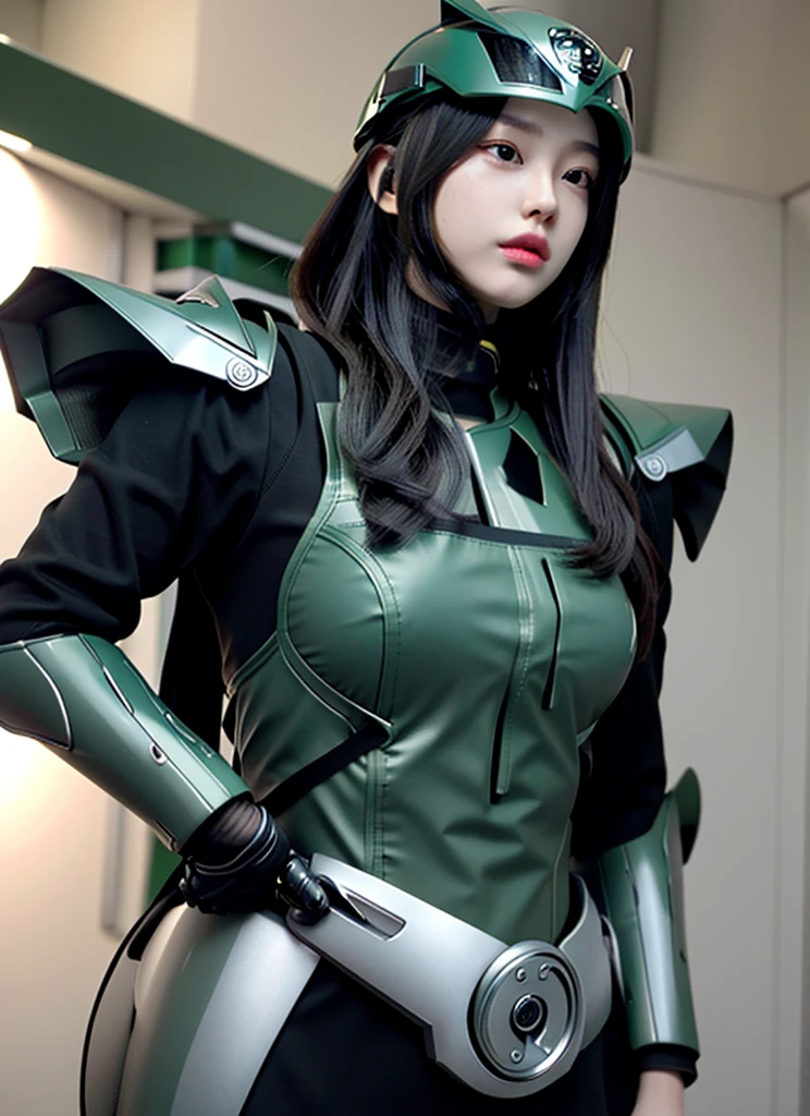 Armoured girl, realistic, long hair, lite green black robotics, full helmet,