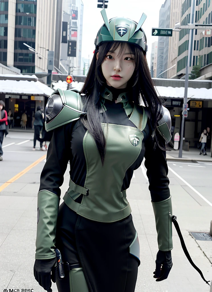 Armoured girl, realistic, long hair, lite green black robotics, full helmet,