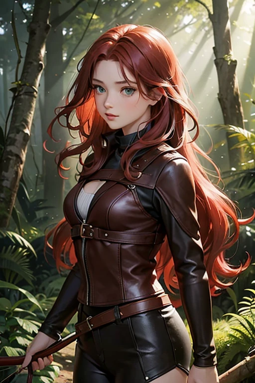 "Draw an adventurous 18-year-old girl. She has long, wavy, vibrant red hair and deep green eyes. She wears brown leather clothing suitable for archery, with an enchanted bow on her back. She is in a dense, magical forest, with sunlight filtering through the trees."