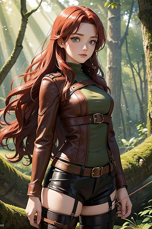 "Draw an adventurous 18-year-old girl. She has long, wavy, vibrant red hair and deep green eyes. She wears brown leather clothing suitable for archery, with an enchanted bow on her back. She is in a dense, magical forest, with sunlight filtering through the trees."