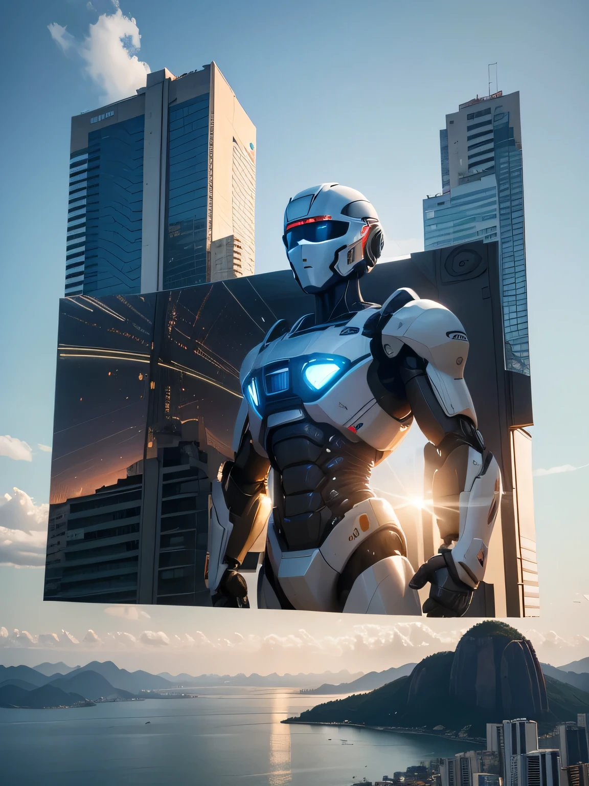 Create an image representing the fusion between cinema and artificial intelligence in Brazil. The central scene should show a Brazilian filmmaker on a film set, interacting with a holographic screen where AI elements are helping to create the scene. In the background, there must be a typical Brazilian scenery, such as an urban landscape in Rio de Janeiro or São Paulo, with iconic elements such as Christ the Redeemer or MASP. It includes futuristic details such as filming drones, autonomous cameras and a collaborative work environment between humans and robots. The color palette must be vibrant, reflecting the energy and creativity of Brazilian culture, blanck and white.