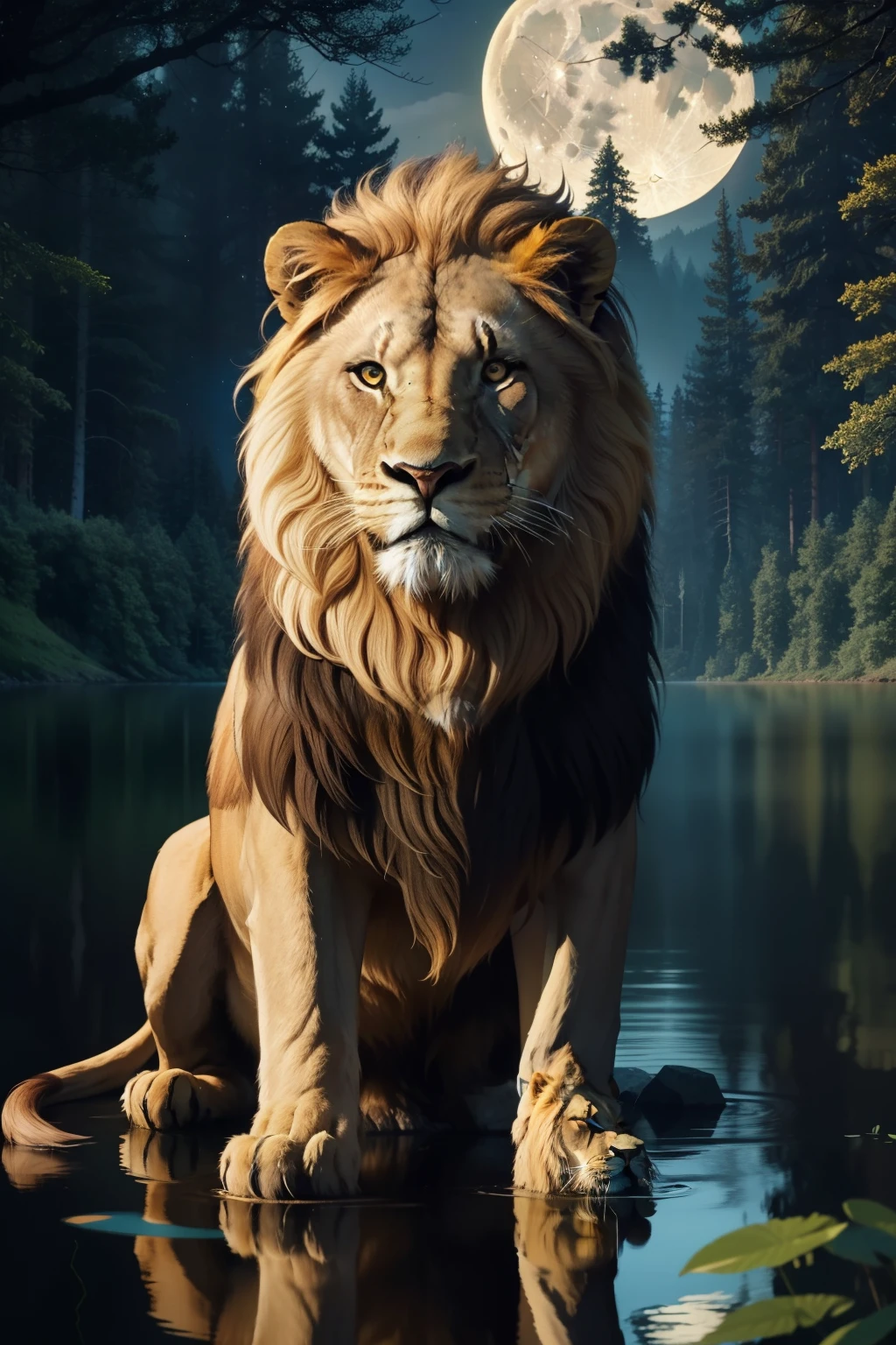 A majestic lion, with a golden mane glistening in the moonlight, stands on the edge of a serene lake nestled within a lush forest. His piercing amber eyes gaze intently, revealing an air of wisdom and strength. His muscular form is a sight to behold, with an aura that speaks of royalty and power. The luminous water of the lake mirrors the beauty of the lion, creating a reflection that echoes his mighty presence. The forest, illuminated by the soft glow of the moon, adds an alluring mystique to the scene, further emphasizing the beast's majesty.