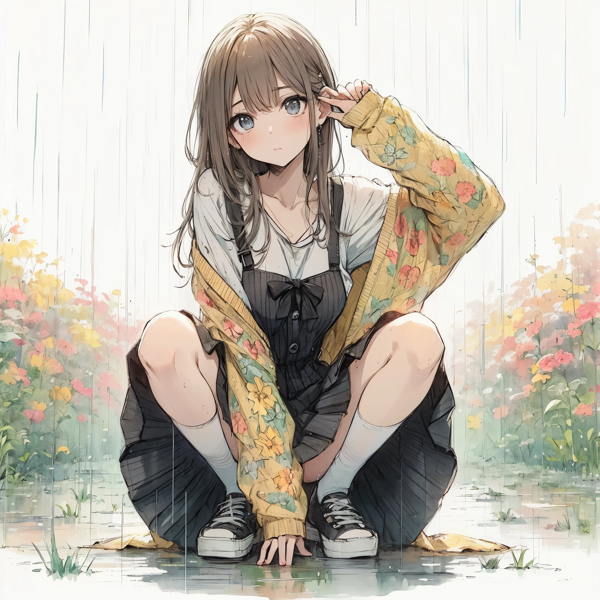 Official art using high-quality hand-drawn watercolor sketch techniques. (best quality,4k,8k,highres,masterpiece:1.2),ultra-detailed,beautiful detailed gray eyes,A girl with beautiful eyes, everyone, beautiful anime girl, cute anime girl, smooth anime art, anime style, elegant colors, soft lighting, delicate beautiful wet eyes, very coquettish, (beautiful large breast:1.2), (correct hands:1.2),