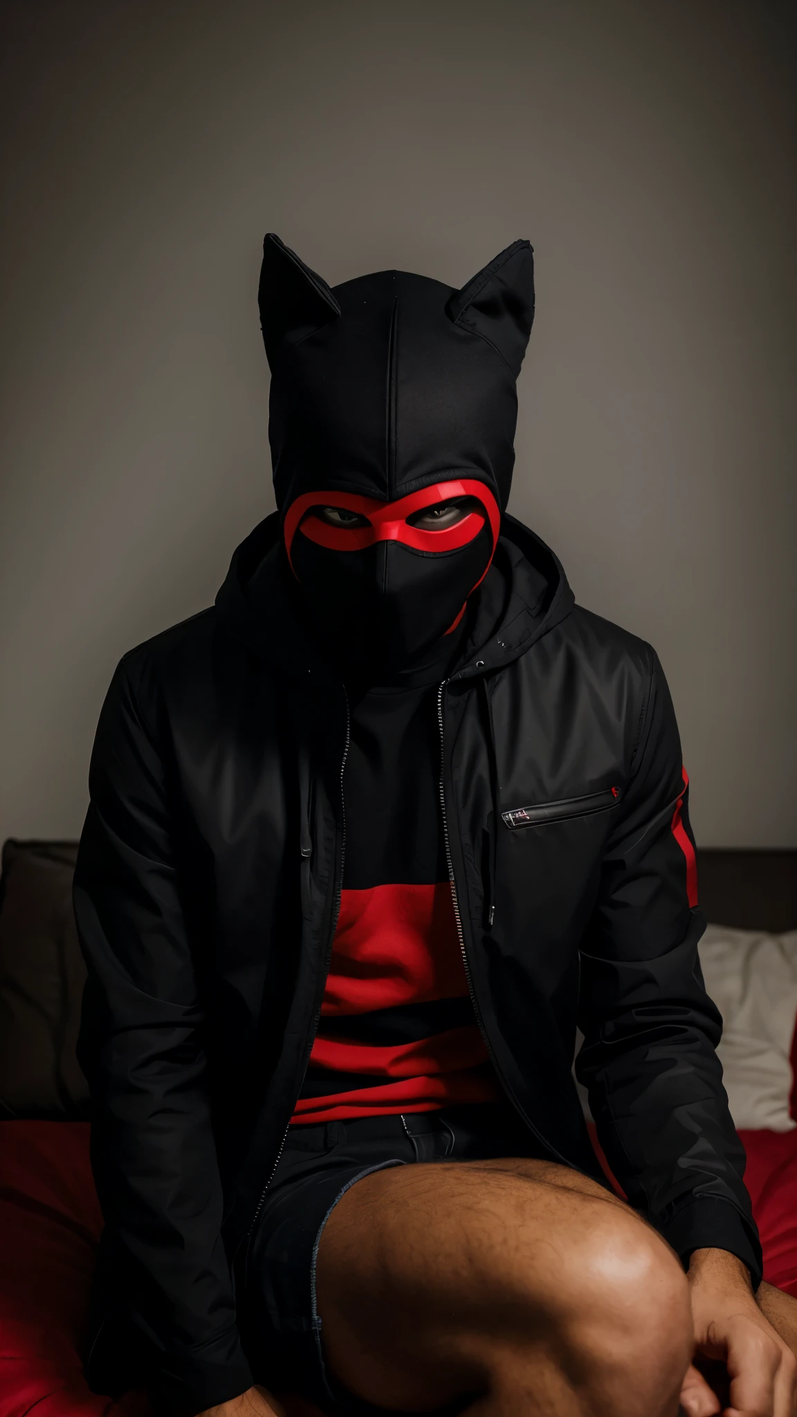 A man wearing a black jacket with red stripes wearing a black mask with red and black eyes is sitting relaxed