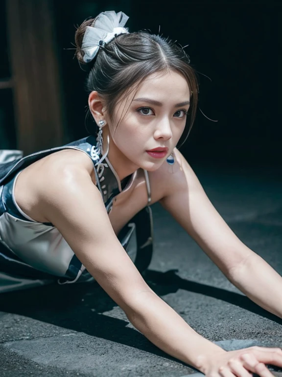 (((Fallen and lying down))),"(Exquisitely drawn CG Unity 8k wallpaper, Masterpiece quality with stunning realism), (Best lighting, Best Shadow), (highest quality), (Elegant and devilish style:1.2), Artistic modern anime. Diagonal view, A close-up full-body portrait of a stunningly beautiful mature Chun-Li from Street Fighter。 ((Dark brown hair:1)), ((White lace-up boots:.5)), Dynamic pose, (Blue Chinese Dress:1.5), Great body, in china at night with neon lights, Shy and timid、Frivolous、sexy、Cute expression, the body is slim, Very decorative and detailed, Brown see-through pantyhose, Depth of field blur effect, night, Full Zoom, Action Portrait, Realistic. Cinema Lighting, Very detailed. highest quality, 4K, Better Hands, Perfect Anatomy, Shortening effect, Shy and timidsexyな表情, Your legs look short, (Sharp Eye:0.8), Surrounded by an ominous and dark atmosphere, Dramatic and striking lighting accents, Surreal fantasy feel". (Wearing white laced military boots:1), (night:1), (Side view:.5), (Lifted my butt:1), (metal spike bracelet:1), (Leaning forward:1), (White ribbon flowing from the hair bun:1.5) (Front view:1)