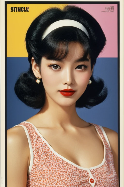 1985, Seoul, (1 korean young girl), full body, Visualize an iconic 1980s Korean electronics advertisement. The backdrop consists of pastel hues with subtle geometric shapes, reminiscent of retro design patterns. Front and center, a stylish woman stands with a confident posture, big breasts, strikingly beautiful, delicate facial features, porcelain skin, expressive eyes, black hair, red lips, (hairstyle of the 1980s), her hair styled in classic pin curls, Her gaze captivates the viewer, drawing them into the world of the advertisement. Held delicately in her hand is the featured product: 'Samsung' cellphone, embodying the pinnacle of vintage tech. Its design showcases the iconic antenna, physical buttons, and a dark, The product name, in bold retro typography, floats near the device,