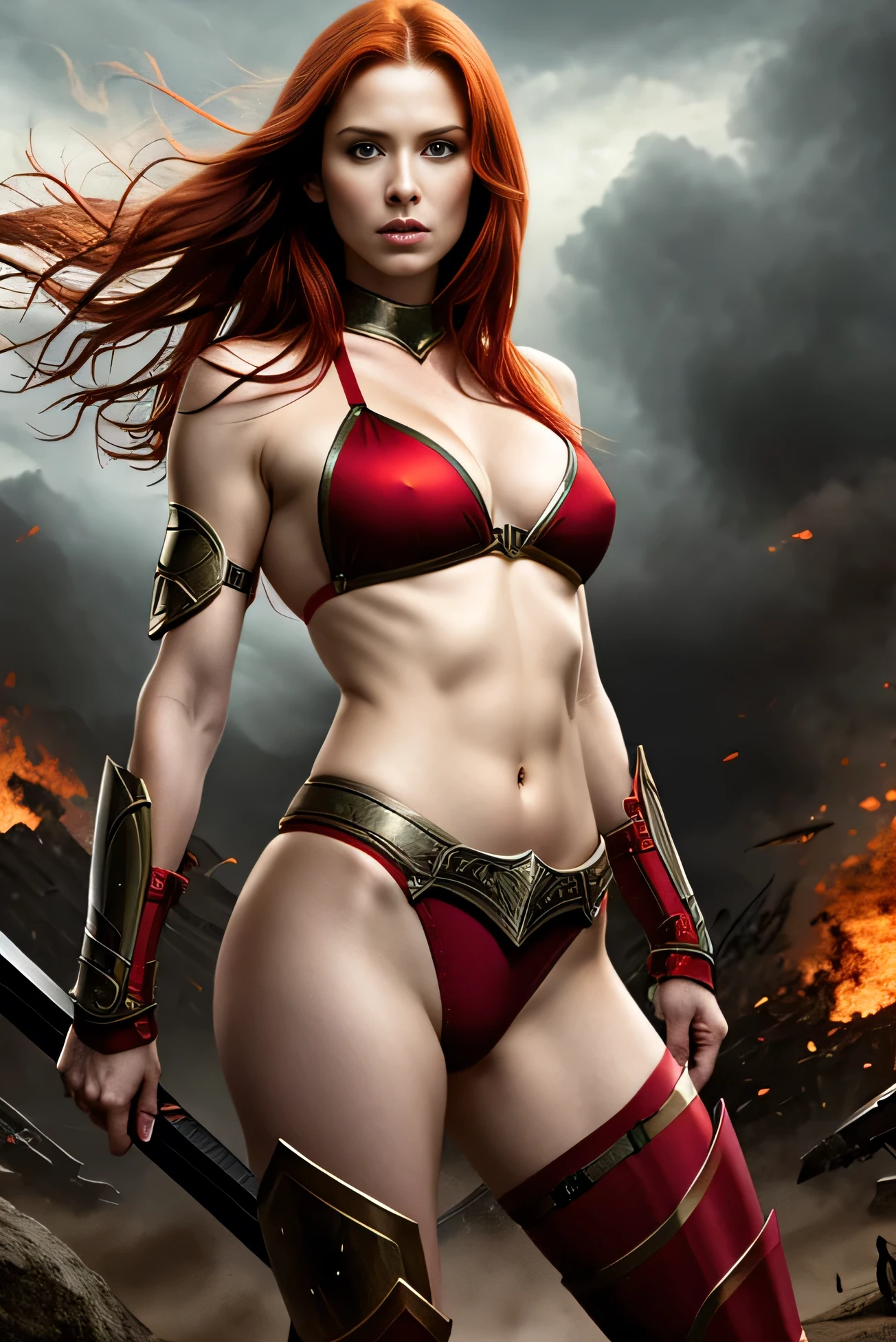 Masterpiece, a beautiful red haired warrior queen wearing sexy bikini armor, (Michelle Pfeiffer:Karen Gillan:0.5), strong athletic body, medium breasts, (skin texture:1.1), best quality, ultra high res, digital art, realisitc, fierce expression, fantasy battlefield background