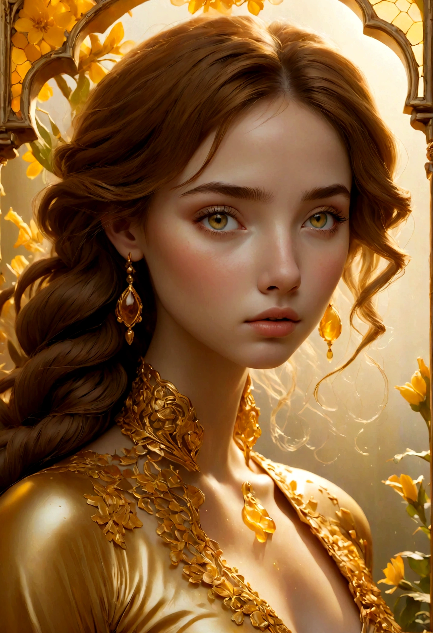 girl covered in honey,beautiful detailed eyes,beautiful detailed lips,extremely detailed eyes and face,longeyes lashes,1girl,oil painting,golden honey dripping down face and body,sunlight shining on skin,warm soft lighting,intricate details,detailed skin texture,smooth porcelain skin,glowing skin,vibrant colors,serene expression,ornate golden frame,baroque style,chiaroscuro lighting,cinematic composition,masterpiece,best quality,8k,highres,photorealistic