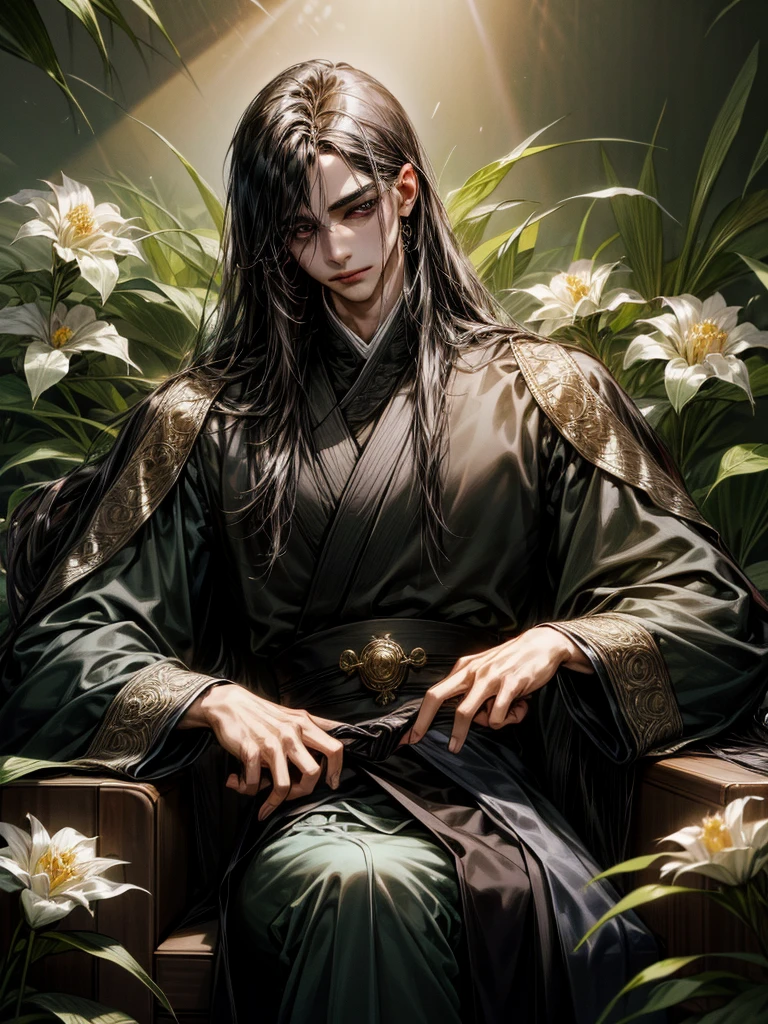 One Handsome male, long black hair, small waist.
Fine eyes and detailed fine face.
Silk and jewerly ( diamonds, safires, rubies and gold) on his intricate and lusciously detailed hanfu clothing. Jewerly belt around waist.
Posing seductively on a couch.
Flowers and plants around him.
Cinematic lighting effects
Masterpiece Artwork
AbsurdRes 
High Definition level of art style
HDR