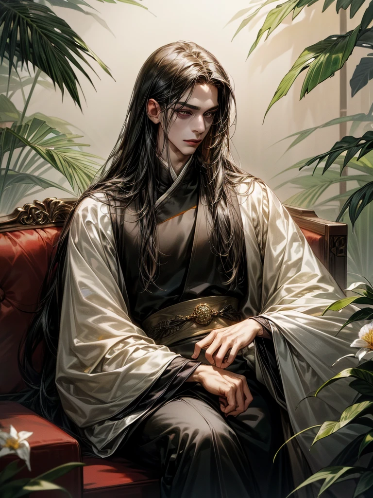 One Handsome male, long black hair, small waist.
Fine eyes and detailed fine face.
Silk and jewerly ( diamonds, safires, rubies and gold) on his intricate and lusciously detailed hanfu clothing. Jewerly belt around waist.
Posing seductively on a couch.
Flowers and plants around him.
Cinematic lighting effects
Masterpiece Artwork
AbsurdRes 
High Definition level of art style
HDR