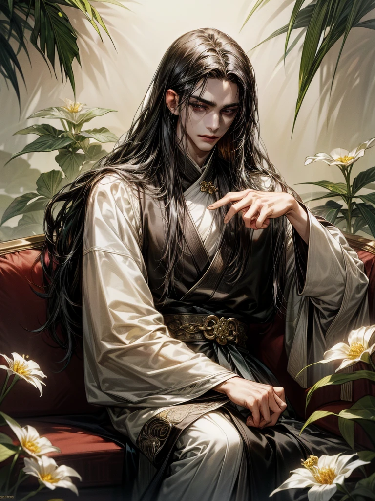 One Handsome male, long black hair, small waist.
Fine eyes and detailed fine face.
Silk and jewerly ( diamonds, safires, rubies and gold) on his intricate and lusciously detailed hanfu clothing. Jewerly belt around waist.
Posing seductively on a couch.
Flowers and plants around him.
Cinematic lighting effects
Masterpiece Artwork
AbsurdRes
High Definition level of art style
HDR