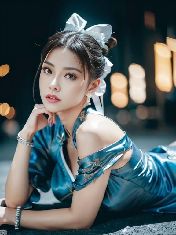 (((Fallen and lying down))),"(Exquisitely drawn CG Unity 8k wallpaper, Masterpiece quality with stunning realism), (Best lighting, Best Shadow), (highest quality), (Elegant and devilish style:1.2), Artistic modern anime. Diagonal view, A close-up full-body portrait of a stunningly beautiful mature Chun-Li from Street Fighter。 ((Dark brown hair:1)), ((White lace-up boots:.5)), Dynamic pose, (Blue Chinese Dress:1.5), Great body, in china at night with neon lights, Shy and timid、Frivolous、sexy、Cute expression, the body is slim, Very decorative and detailed, Brown see-through pantyhose, Depth of field blur effect, night, Full Zoom, Action Portrait, Realistic. Cinema Lighting, Very detailed. highest quality, 4K, Better Hands, Perfect Anatomy, Shortening effect, Shy and timidsexyな表情, Your legs look short, (Sharp Eye:0.8), Surrounded by an ominous and dark atmosphere, Dramatic and striking lighting accents, Surreal fantasy feel". (Wearing white laced military boots:1), (night:1), (Side view:.5), (Lifted my butt:1), (metal spike bracelet:1), (Leaning forward:1), (White ribbon flowing from the hair bun:1.5) (Front view:1)