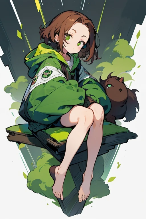eye, exposed , , Forehead、 green_eye, Brown_hair, Hello, have, Jacket、hoodie、Shoulder Bare、Large hood、Brownのhair, Shorts、feet、Thighs、white background, full body