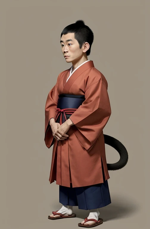 "A small Japanese man in traditional clothing, standing next to a cartoonish monkey, both looking similar in appearance, set against a simple background.