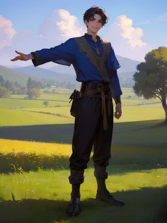 masterpiece, best quality, rpg character art, epic fantasy art style, 1 man, Aldric, 18 year old man, youthful appearance, skinny, normal build, smiling mischievously, raising one arm towards the viewer as a challenge, fighting stance, full body fantasy concept art, short dark black hair, black eyes, high detail, light casual medieval clothes (shirt and pants), intricate details, ultra high resolution, sharp focus, HD, 8k, clear facial features, clear details, the background is an open field, zoomed out view