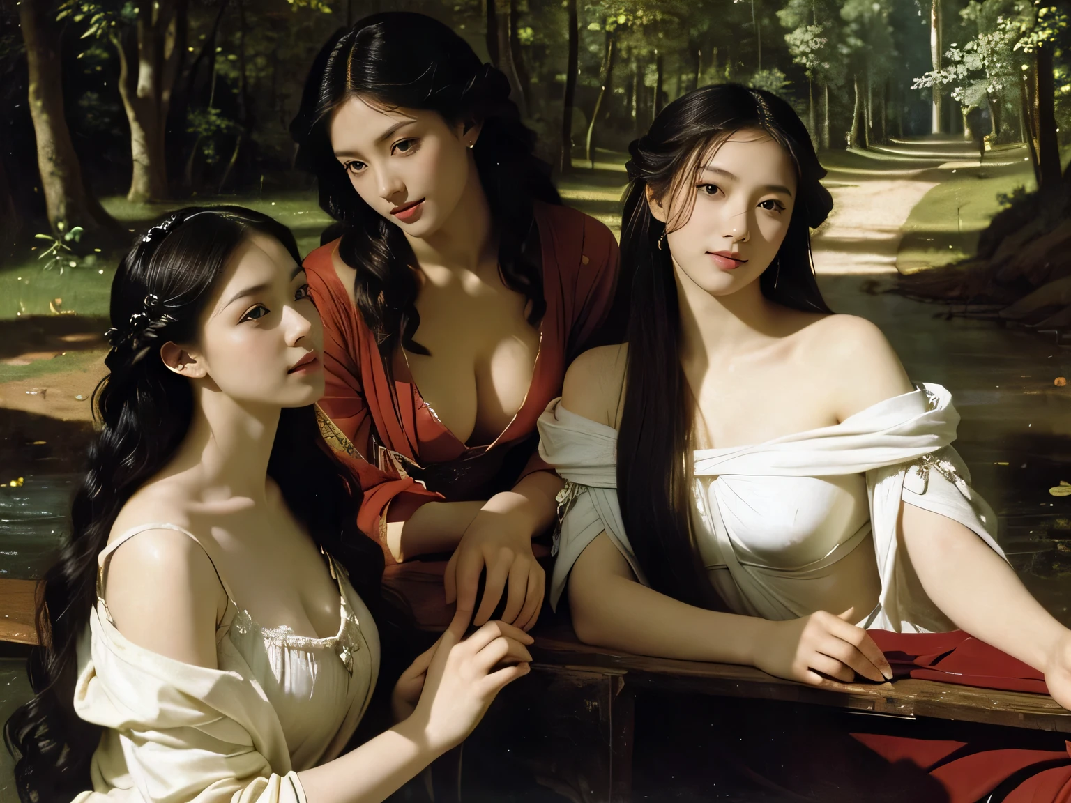 Giorgione painting style,Barbizon forest A beautiful woman in Greek dress smiles on the shore,Sweet and seductive appearance.、Caravaggio's paintings、Chiaroscuro of Caravaggio、hair tousled by the wind,Two women frolicking,cute smile, expression of ecstasy,Sexy,erotic, full body portrait