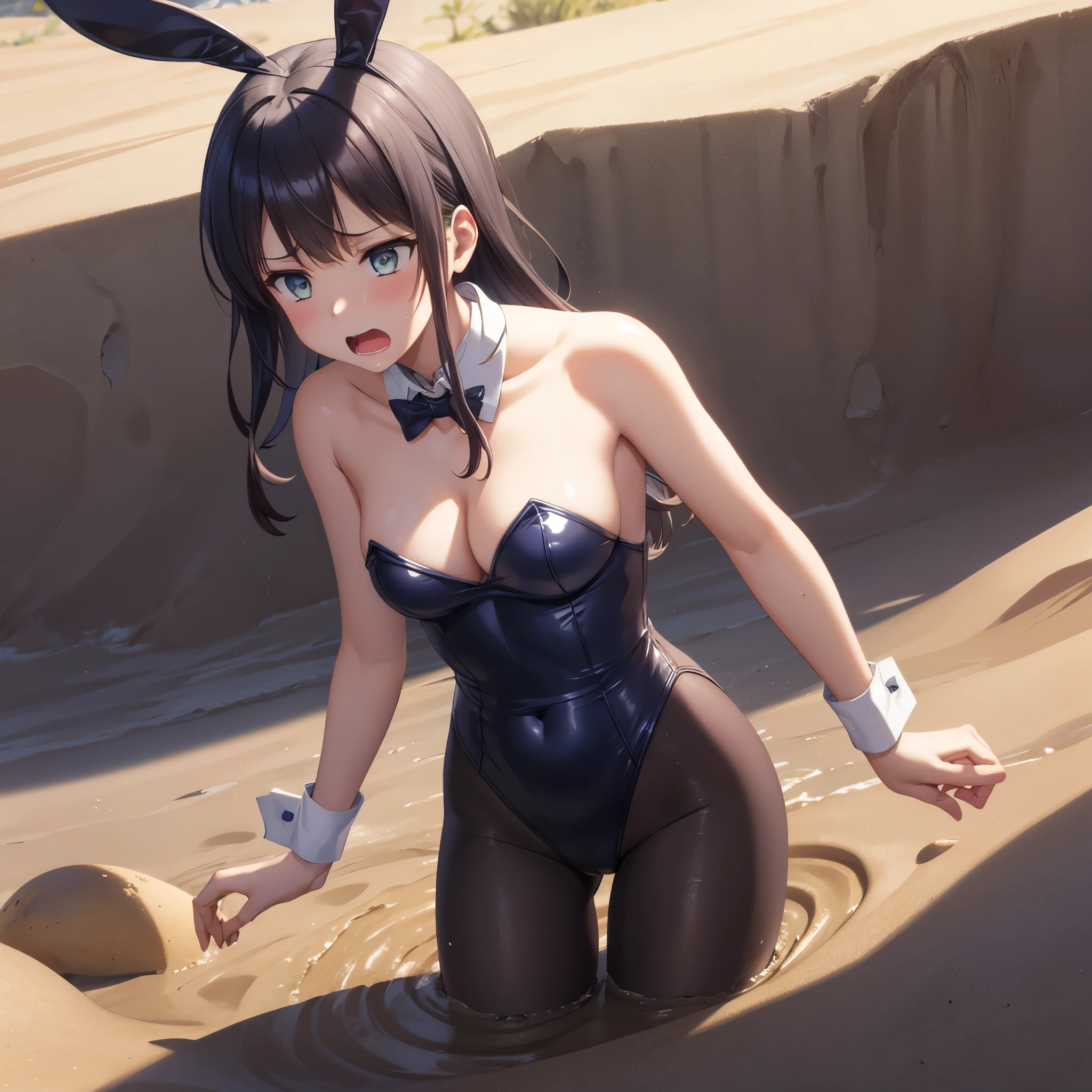 masterpiece, great quality, ultra detail, illustration, game cg, (5girls), (multiple girls), FGOErice, klaudia valentz, aichan, collarbone, , (upset), bunnygirl, bunny ears, detached collar, wrist cuffs, strapless leotard, desert, (quicksand), screaming