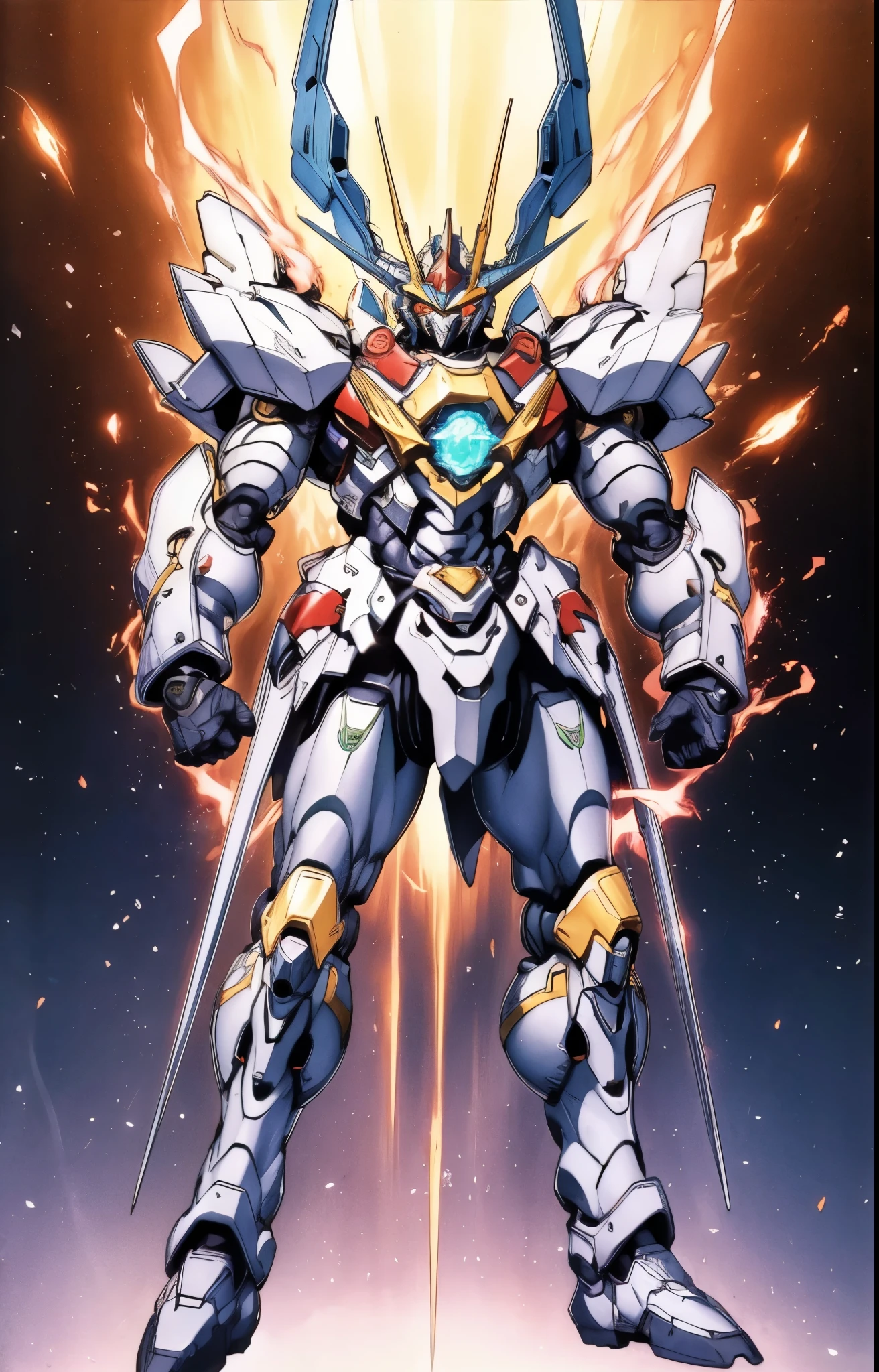 Humanoid Mecha, fully enclosed shoulder guards, matching arm and leg guards, full body, full armor, the design balances heavy with agility, (the color scheme is primarily white with red and blue accents, the concept Inspired by Super robot, organic biotech armor, standing, floating high above the futuristic sci-fi city), exquisite and mature art style, (aura effect, energy, glowing eyes, the armor glows), ((SRS)), metallic, dynamic, dramatic, high definition, best quality, highres, ultra-detailed, ultra-fine painting, extremely delicate, professional, perfect body proportions, anatomically correct, symmetrical face, extremely detailed eyes and face, high quality eyes, creativity, RAW photo, UHD, 32k, Natural light, cinematic lighting, masterpiece-anatomy-perfect, masterpiece:1.5