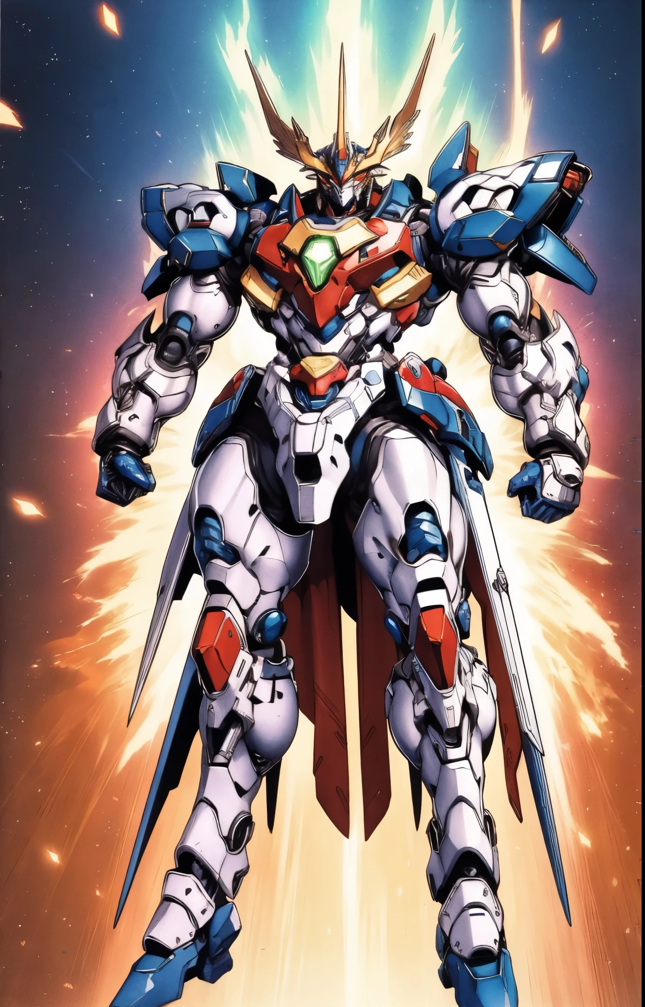 Humanoid Mecha, fully enclosed shoulder guards, matching arm and leg guards, full body, full armor, the design balances heavy with agility, (the color scheme is primarily white with red and blue accents, the concept Inspired by Super robot, organic biotech armor, standing, floating high above the futuristic sci-fi city), exquisite and art style, (aura effect, energy, glowing eyes, the armor glows), ((SRS)), metallic, dynamic, dramatic, high definition, best quality, highres, ultra-detailed, ultra-fine painting, extremely delicate, professional, perfect body proportions, anatomically correct, symmetrical face, extremely detailed eyes and face, high quality eyes, creativity, RAW photo, UHD, 32k, Natural light, cinematic lighting, masterpiece-anatomy-perfect, masterpiece:1.5