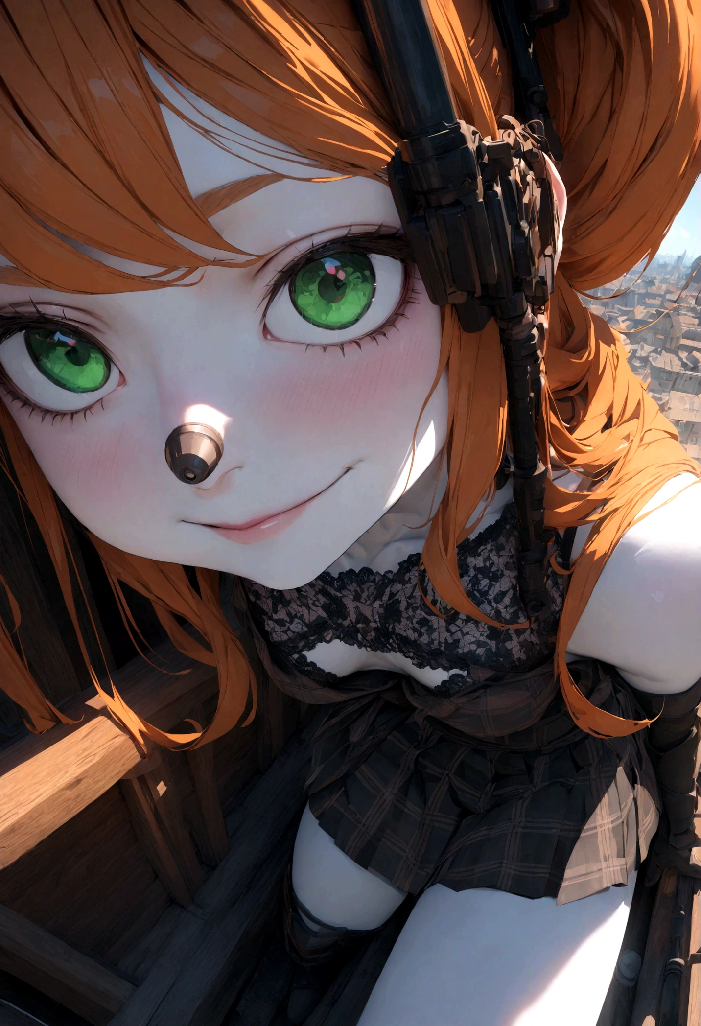 a very sexy young woman, athletic body, with very long orange hair, very white skin, bright green eyes, small nose, sitting on the roof of a tower, dressed in an open plaid blouse, a lace bra, a skirt of boards, stockings, industrial boots, ., naughty face, ray tracing, reflection light, Canon, Nikon, close-up, 16k, 8k, 4K, highres, best quality, award winning, high quality, high details, super detail, textured skin, anatomically correct, accurate, masterpiece
