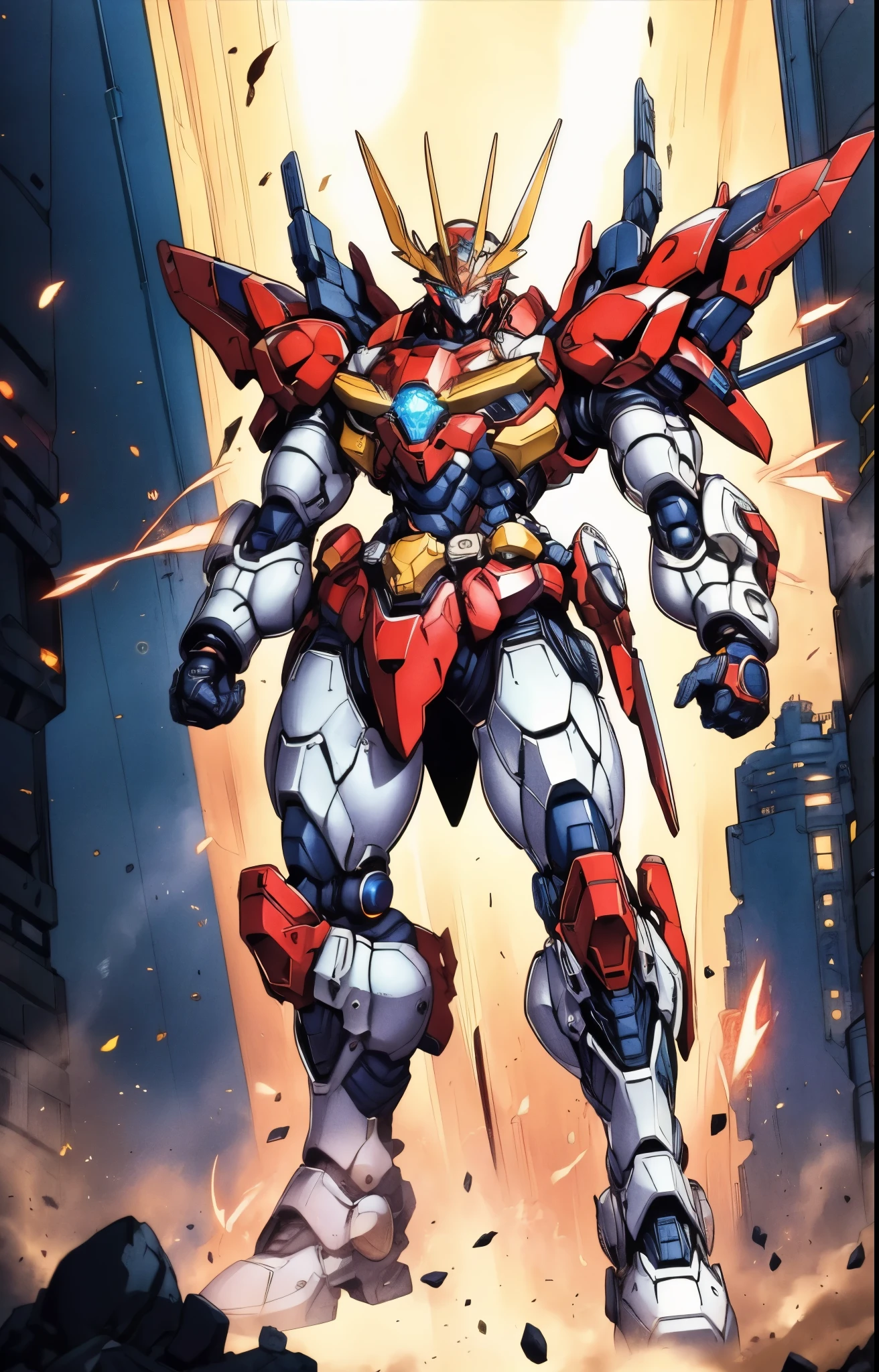 Humanoid Mecha, fully enclosed shoulder guards, matching arm and leg guards, full body, full armor, the design balances heavy with agility, (the color scheme is primarily white with red and blue accents, the concept Inspired by Super robot, organic biotech armor, standing, floating high above the futuristic sci-fi city), exquisite and mature art style, (aura effect, energy, glowing eyes, the armor glows), ((SRS)), metallic, dynamic, dramatic, high definition, best quality, highres, ultra-detailed, ultra-fine painting, extremely delicate, professional, perfect body proportions, anatomically correct, symmetrical face, extremely detailed eyes and face, high quality eyes, creativity, RAW photo, UHD, 32k, Natural light, cinematic lighting, masterpiece-anatomy-perfect, masterpiece:1.5