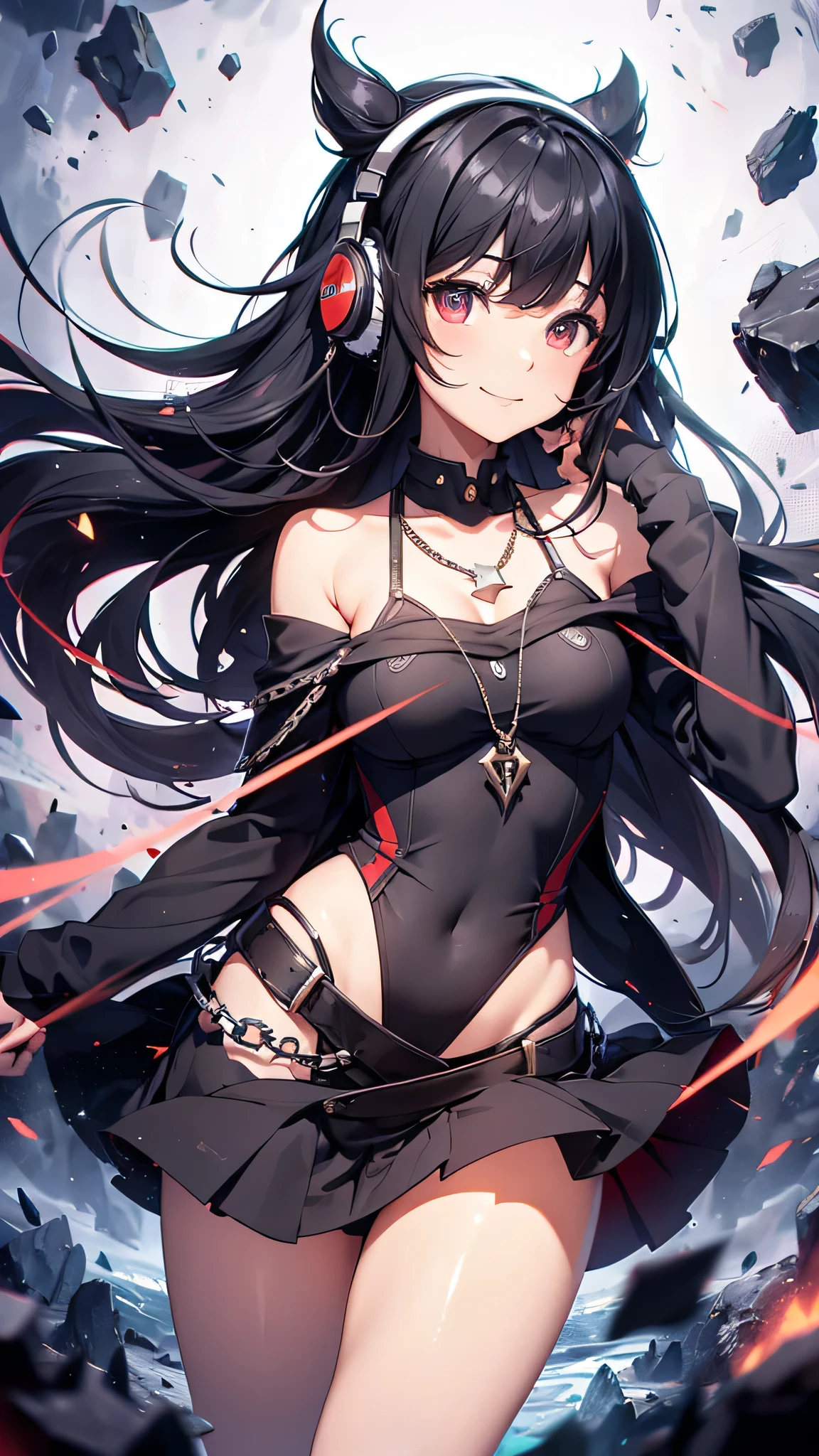 Highest quality、Highest quality、Masterpiece、girl((20-year-old、as soon as、Highest Bust、Medium Bust、Wide open chest、Red glowing eyes、Black Ear、Red Mesh、Disheveled Hair、Loincloth、thin、The best valley、Open chest、hair ornaments、Full body view、Black Universe Suit、Black Skirt、Random Pause、smile、headphone、Chain Accessories、necklace))、high quality、Beautiful Art、background((Collapsing Ground、no gravity、Floating Object、shooting star、universe、comet))、Depth((Earth))、flight、Flying Debris、Depth of text、movie、Visual Arts、Perfect Art、8K、Genuine、Special Angles