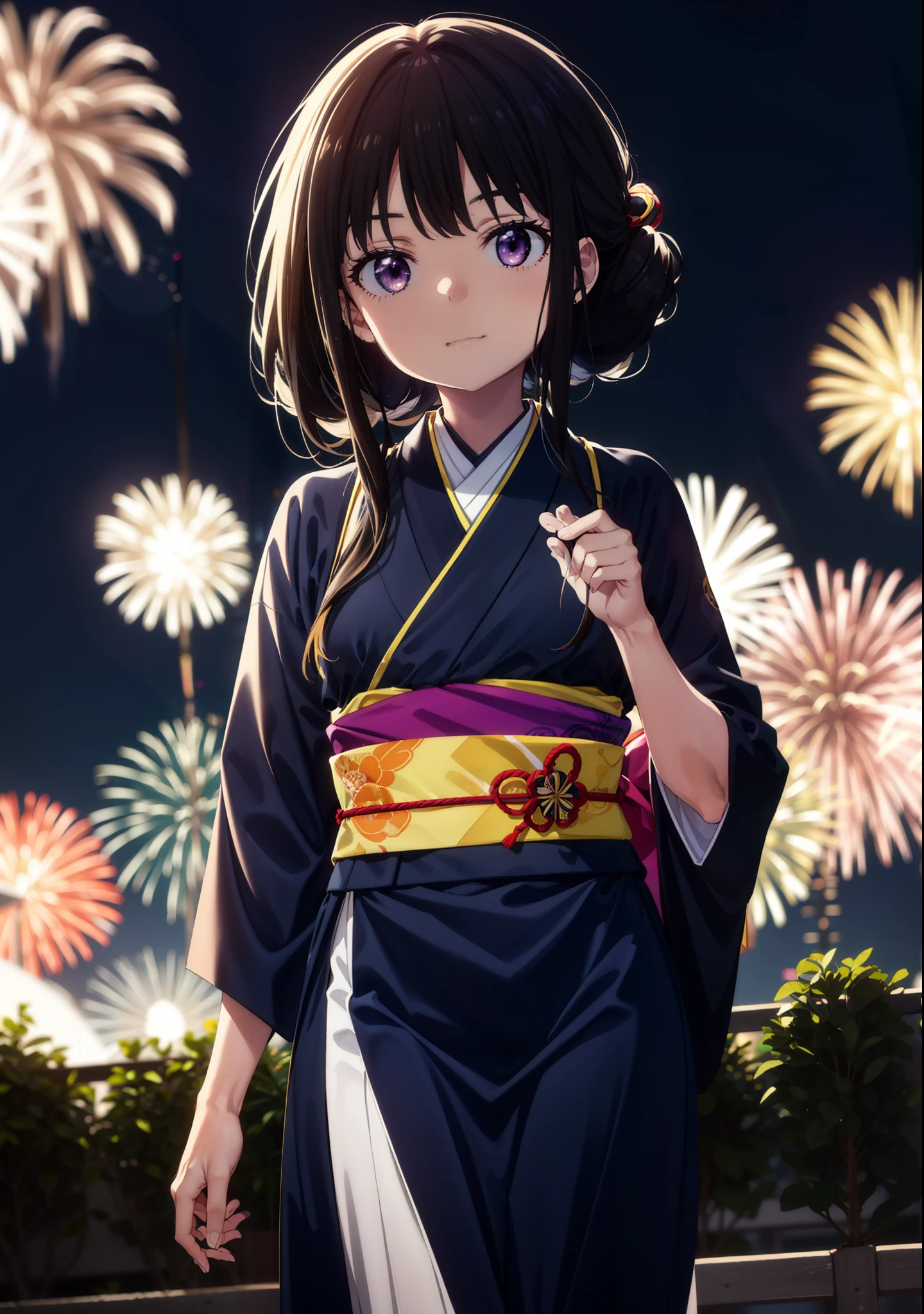 Takiuchi, Check it out,One Girl, Long Hair, bangs, Black Hair, (Purple eyes:1.2),Flower Hair Ornaments,hair tied back,smile,blush,Embarrassing,Blue kimono,Blue long skirt,Sandals,日本のfestival,夏festivalの屋台、Red Lantern,Fireworks in the night sky,The place is a fireworks display,Time is night,whole bodyがイラストに入るように,Looking up from below、Walking,
break outdoors, festival,shrine,
break looking at viewer, whole body,Upper Body, (Cowboy Shot:1. 5)
break (masterpiece:1.2), highest quality, High resolution, unity 8k wallpaper, (shape:0.8), (Beautiful details:1.6), Highly detailed face, Perfect lighting, Extremely detailed CG, (Perfect hands, Perfect Anatomy),