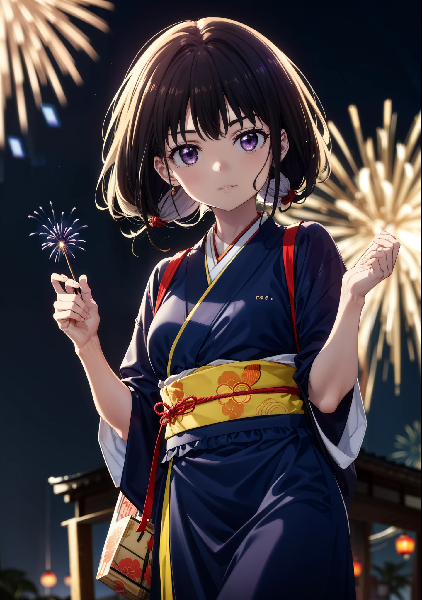 Takiuchi, Check it out,One Girl, Long Hair, bangs, Black Hair, (Purple eyes:1.2),Flower Hair Ornaments,hair tied back,smile,blush,Embarrassing,Blue kimono,Blue long skirt,Sandals,日本のfestival，夏festivalの屋台、Red Lantern,Fireworks in the night sky,The place is a fireworks display,Time is night,whole bodyがイラストに入るように,Looking up from below、Walking,
break outdoors, festival,shrine,
break looking at viewer, whole body,Upper Body,  (Cowboy Shot:1. 5)
break (masterpiece:1.2), highest quality, High resolution, unity 8k wallpaper, (shape:0.8), (Beautiful details:1.6), Highly detailed face, Perfect lighting, Extremely detailed CG, (Perfect hands, Perfect Anatomy),