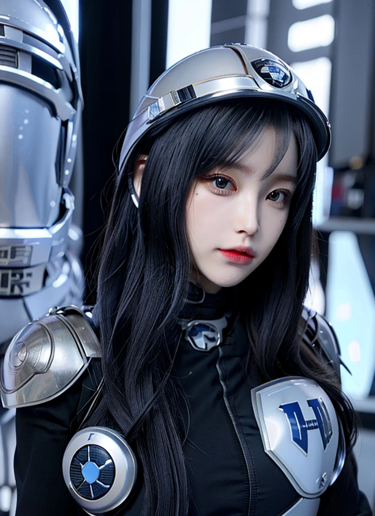 Armoured girl, realistic, long hair, blue robotics, full helmet,