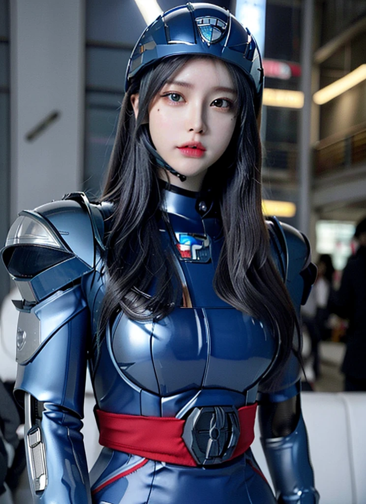 Armoured girl, realistic, long hair, blue robotics, full helmet,