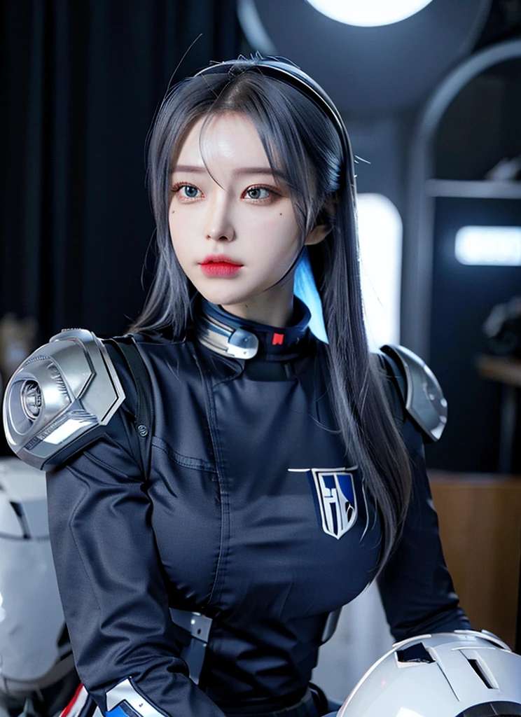 Armoured girl, realistic, long hair, blue robotics, full helmet,