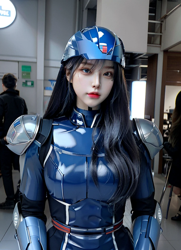 Armoured girl, realistic, long hair, blue robotics, full helmet,